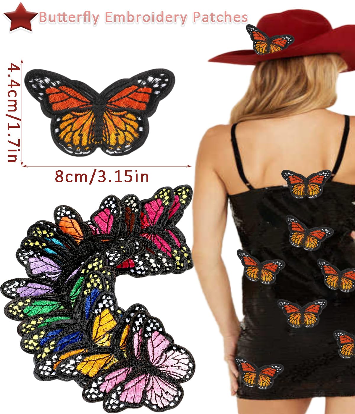 24pcs Cute Butterfly Iron on Patches Moth Embroidered Applique Repairing Patches for Hat Jean Jacket Dress Bag Shoe Decoration (Orange)