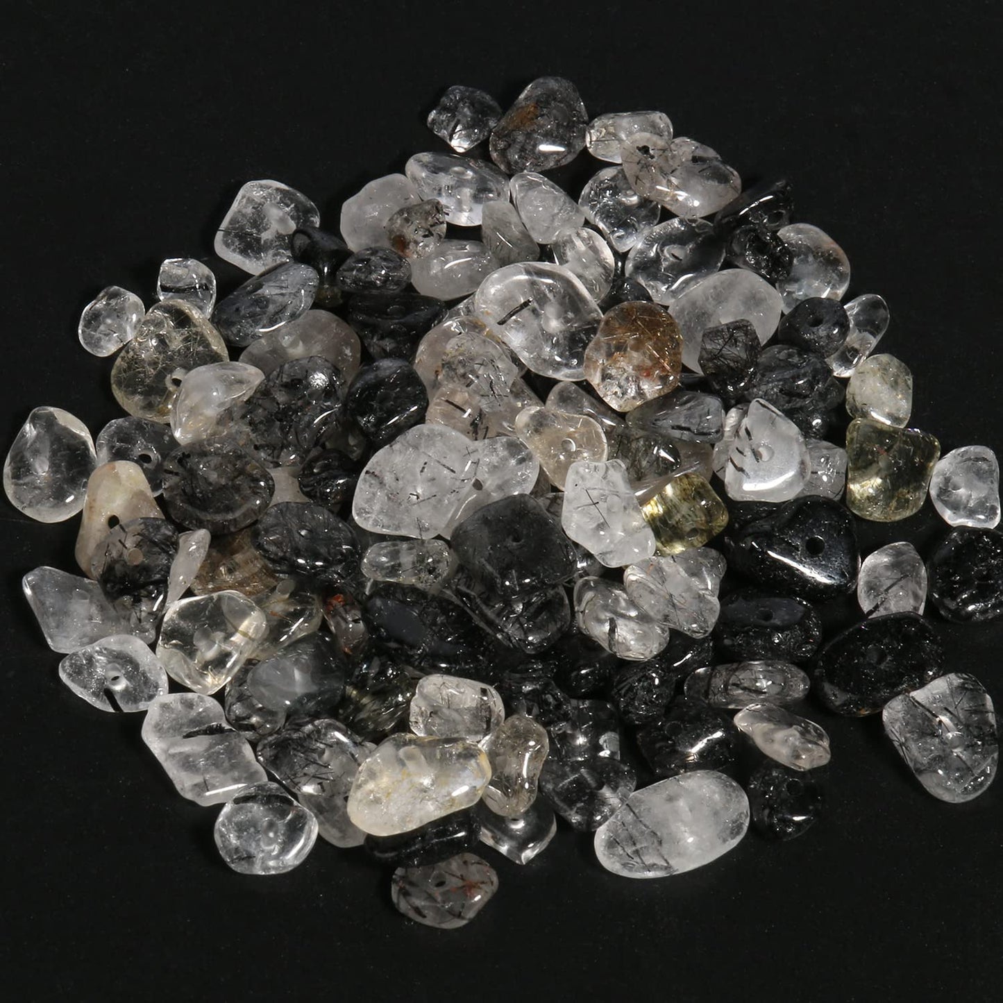 30in Black Rutilated Quartz Natural Chip Stone Beads 5-8mm About 230pcs, Irregular Drilled Transparent Black Bead for Bracelets Jewelry Making Supplies for Adults, DIY Crafts.