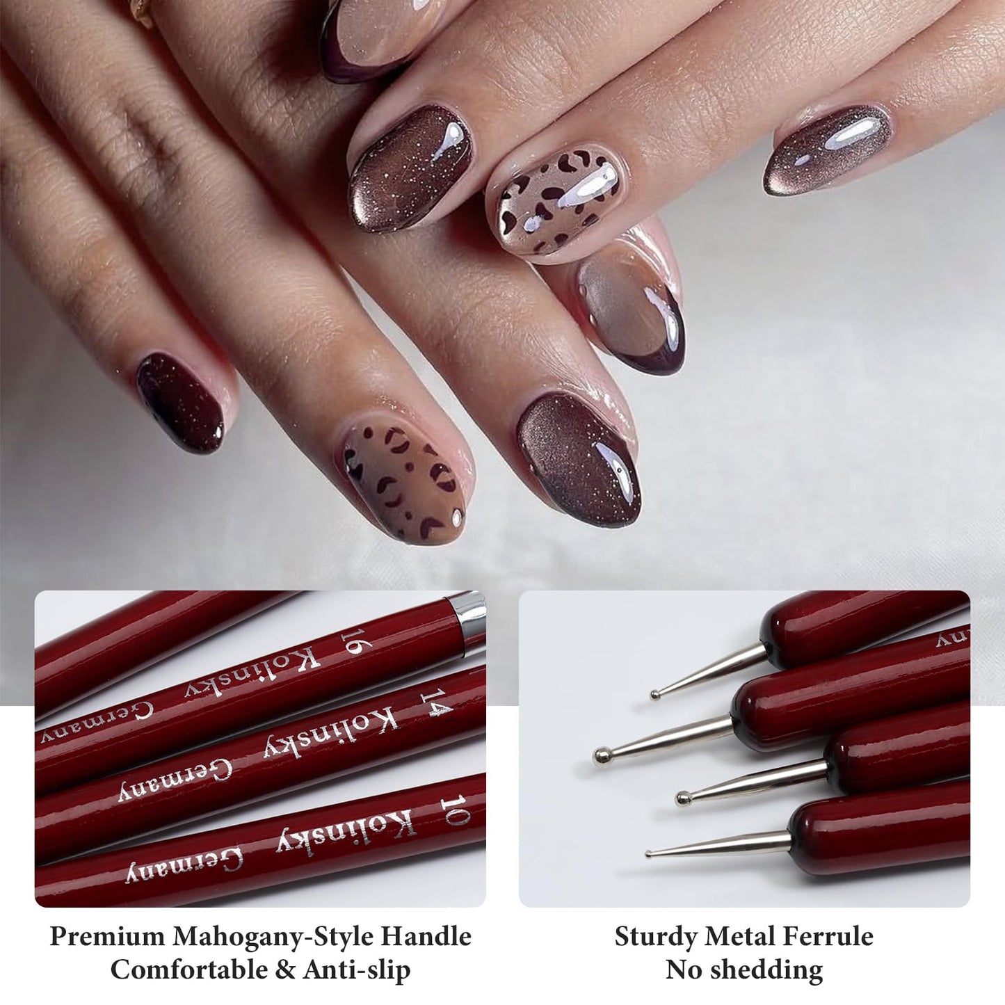 SIMPOR 4 Pieces French Tip Nail Brush and Clean Up Brush Set, Dual Ended Acrylic Nail Art Brushes with Dotting Pen, Professional Oval Manicure Tool for Cuticle Design Red Handle Size 10 12 14 16