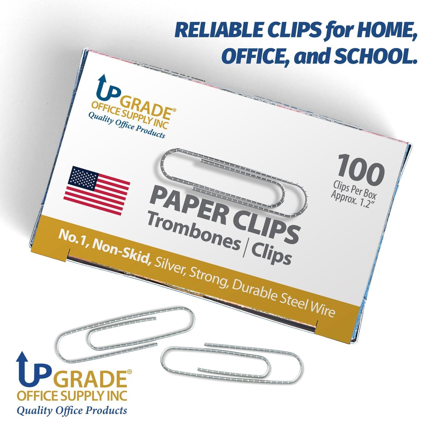 Upgrade Office Supply Paper Clips No. 1, Non Skid, 1.2 Inch, 1000 Count (10 Boxes of 100), Silver, USA