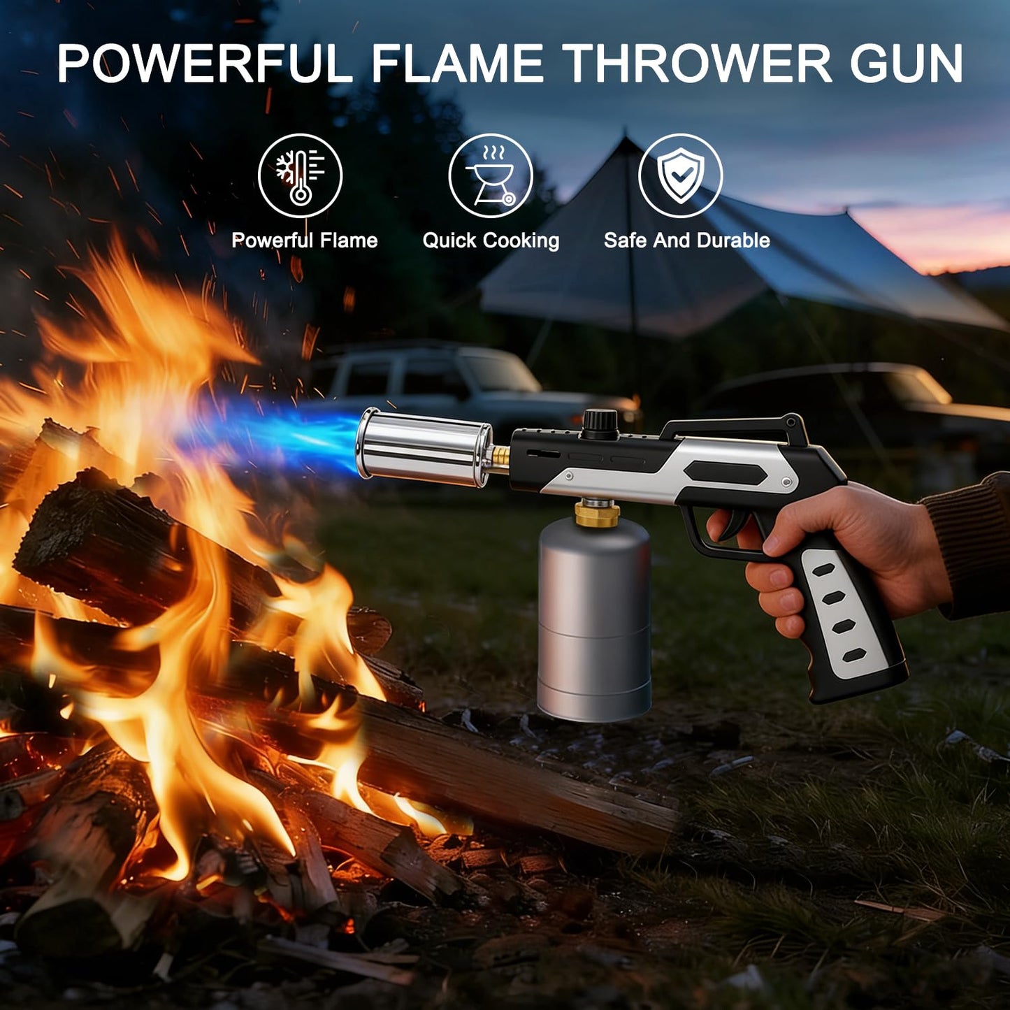 Rroetxi Powerful Propane Torch, Kitchen Cooking Torch, Culinary hand Torch Lighter, Adjustable flamethrower gun for Sous Vide Searing Steak, BBQ, Grill, Campfire Charcoal Starter