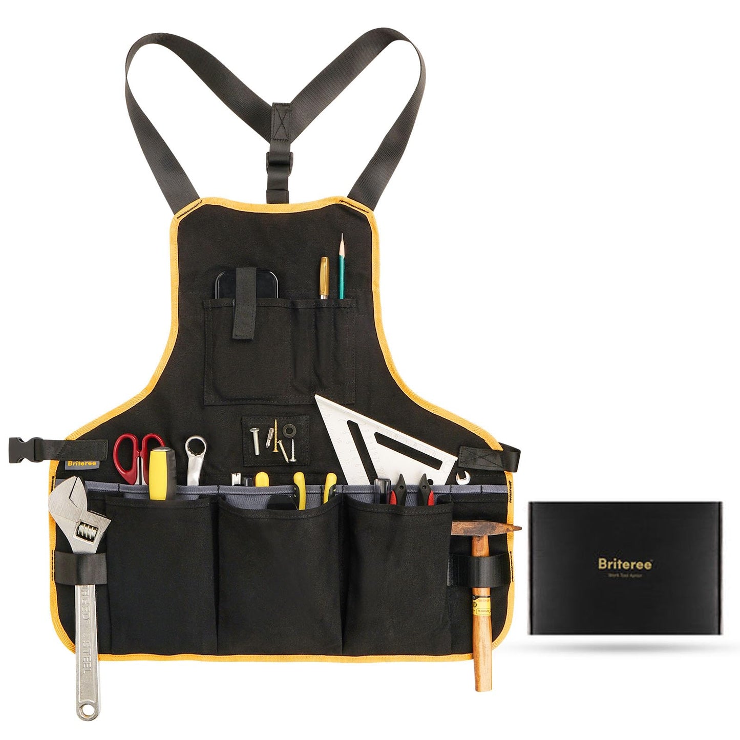BRITEREE Work Tool Apron for Men and Women, Torso Length with 21 Tool Pockets, Durable Canvas Apron, DIY Enthusiasts, Gifts for Men Dad Father(Black)
