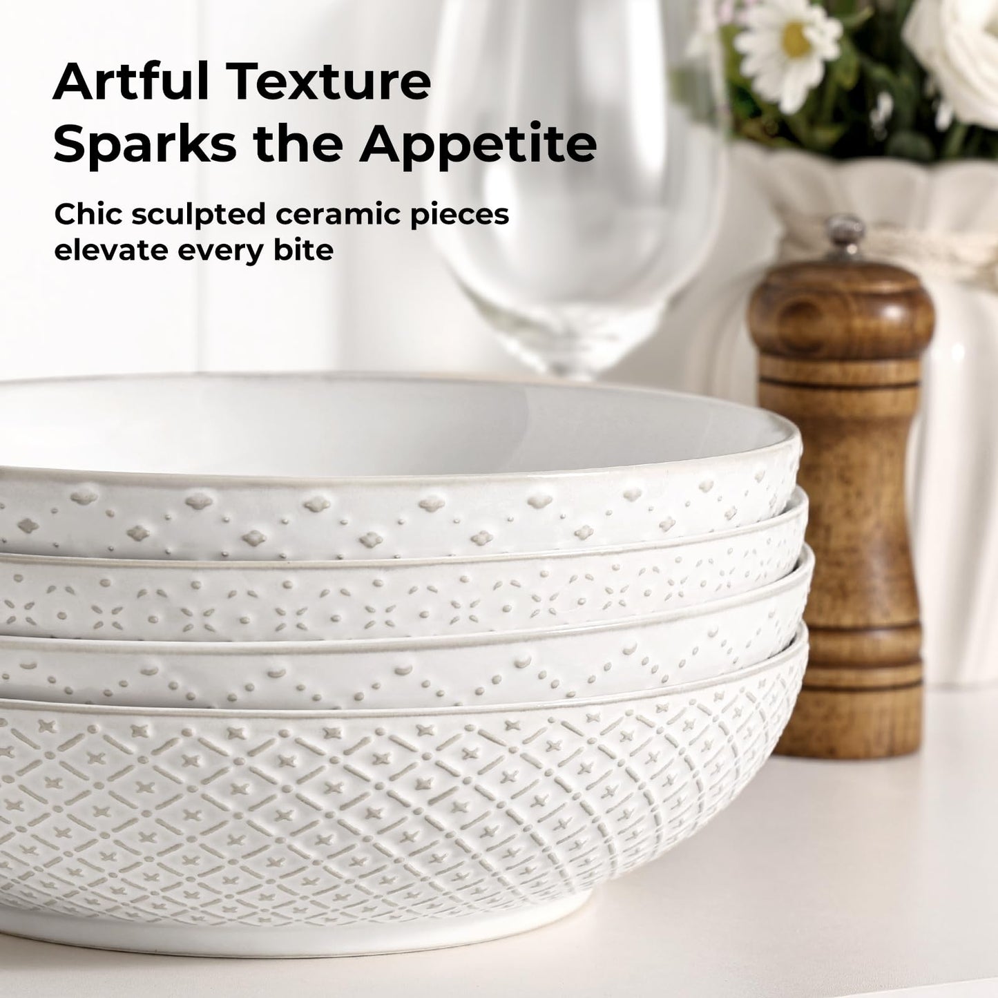 Y YHY 8.5" Pasta Bowls Set of 4, 30 oz Embossed Salad Bowls for Serving Soup, Noodle, Fruit, Dinner, Kitchen Deep Plates, Ceramic Dinnerware Sets, Soft White Dishes for Thanksgiving Day Gifts