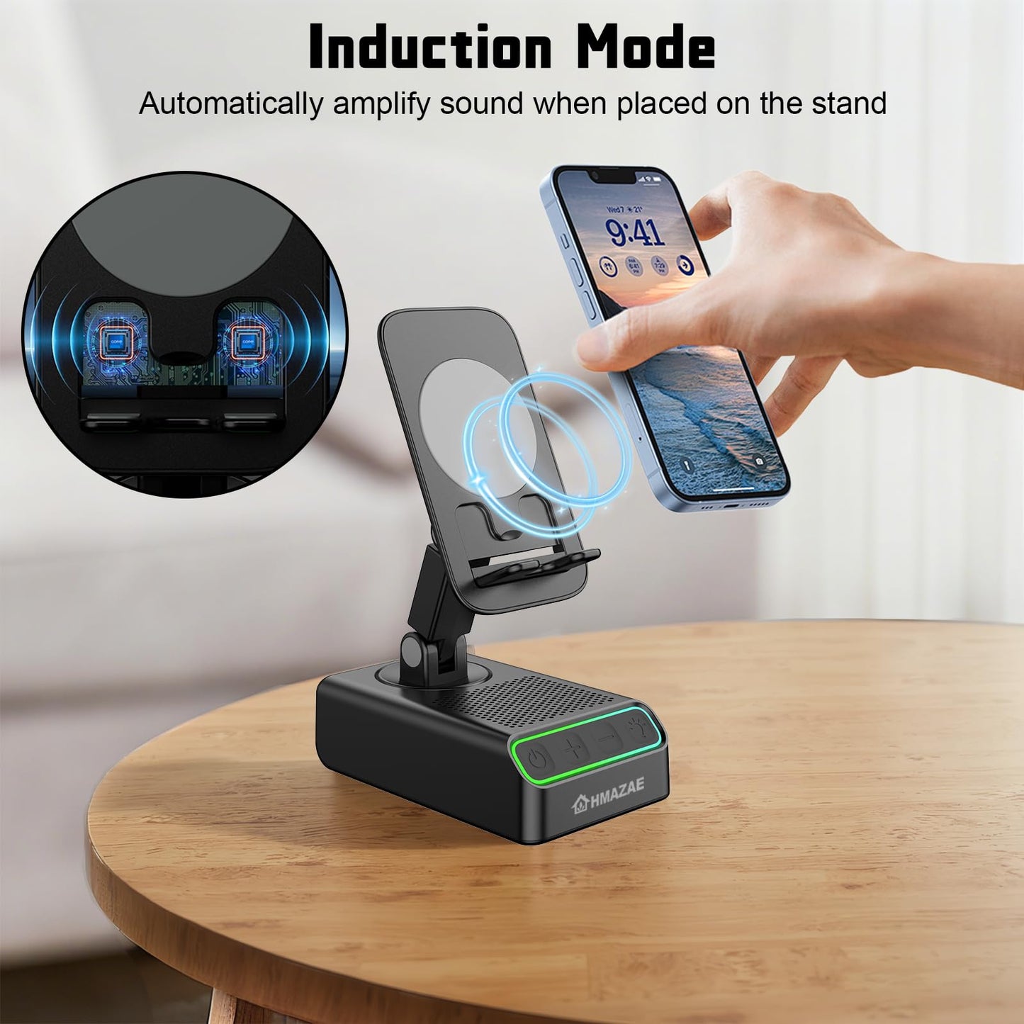 HMAZAE Cell Phone Stand with Wireless Bluetooth Speaker, Wireless Induction Audio, Emergency Rechargeable Portable Speaker Cellphone Stand with Colorful Ambient Light, Ideal Gifts for Men and Women