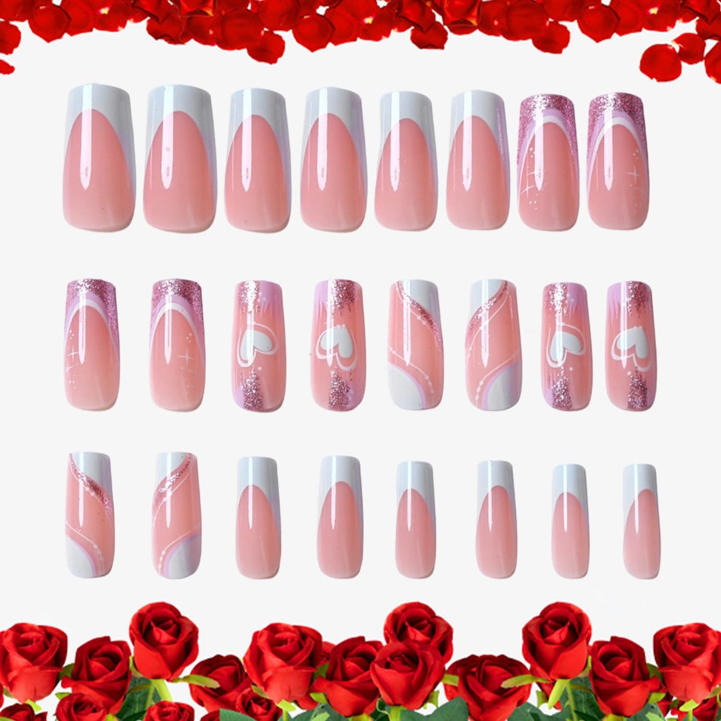 Valentines Press on Nails Medium Square Artificial Acrylic Fingernails French White Tip White Love with Glitter Coffin Nails Full Cover Glossy Heart Stick on Nail for Women Festival Manicure 24Pcs