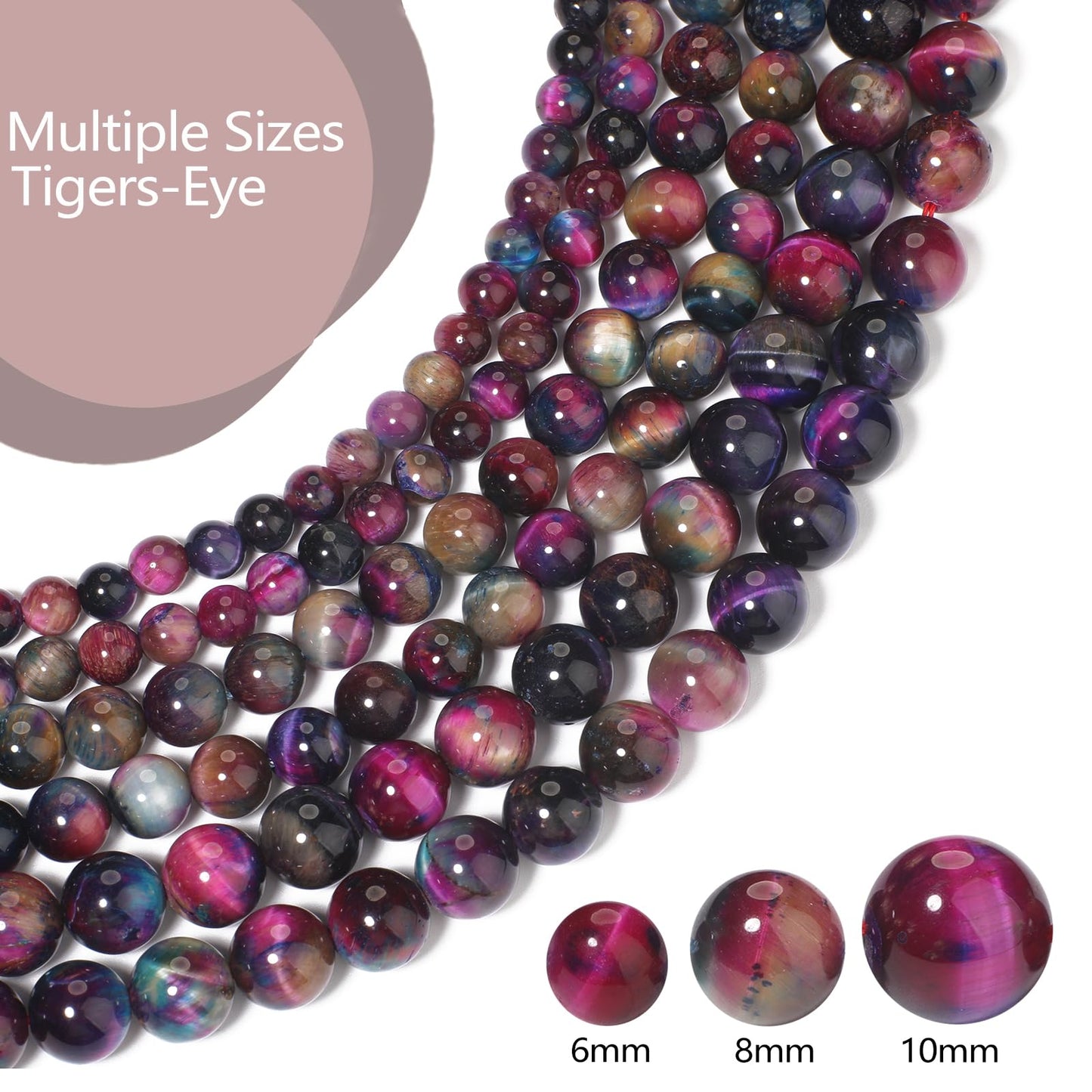 Yochus Natural Tiger Eye Beads, 60Pcs 6MM Milky Way Reddish Blue Color Enhance Round Loose Stone Bulk, DIY Charm Smooth Gemstone Beads for Jewelry Making