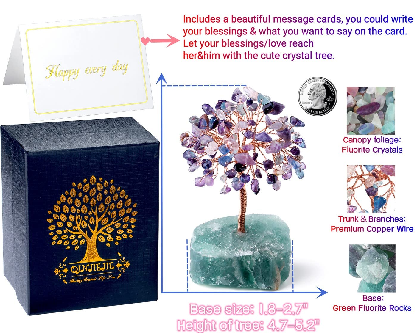 QINJIEJIE Fluorite Crystal Tree Healing Crystals Gemstone Tree Natural Stone Base Copper Wire Life Tree Money Tree Energy Desk Decor Spiritual Gifts Meditation