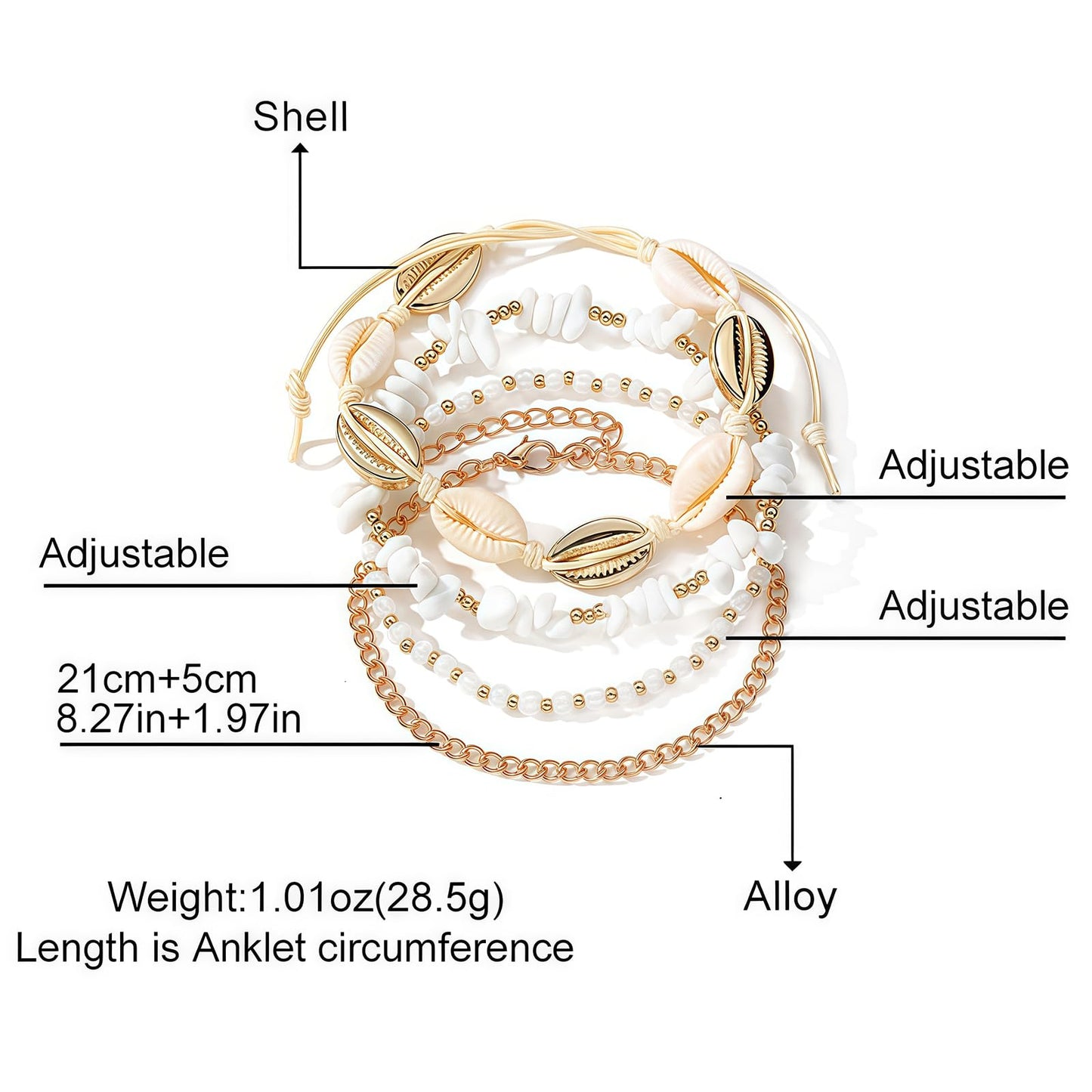 Qceasiy Shell Ankle Bracelet Set for Women, Gold Plated Boho Bead Adjustable Anklet, Hawaiian Beach Seashell Pearl Heart Starfish Conch Foot Jewelry Gifts (Stone Shell 4Pcs)