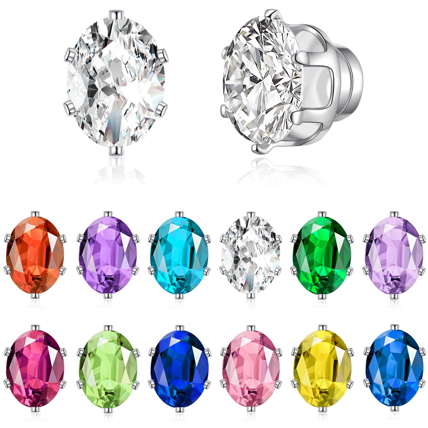 Spiritlele 12 Pairs Birthstone Magnetic Earrings Set Cubic Zirconia Clip on Non Piercing Fake Stud Earrings Birthday Gifts Unisex (Oval)