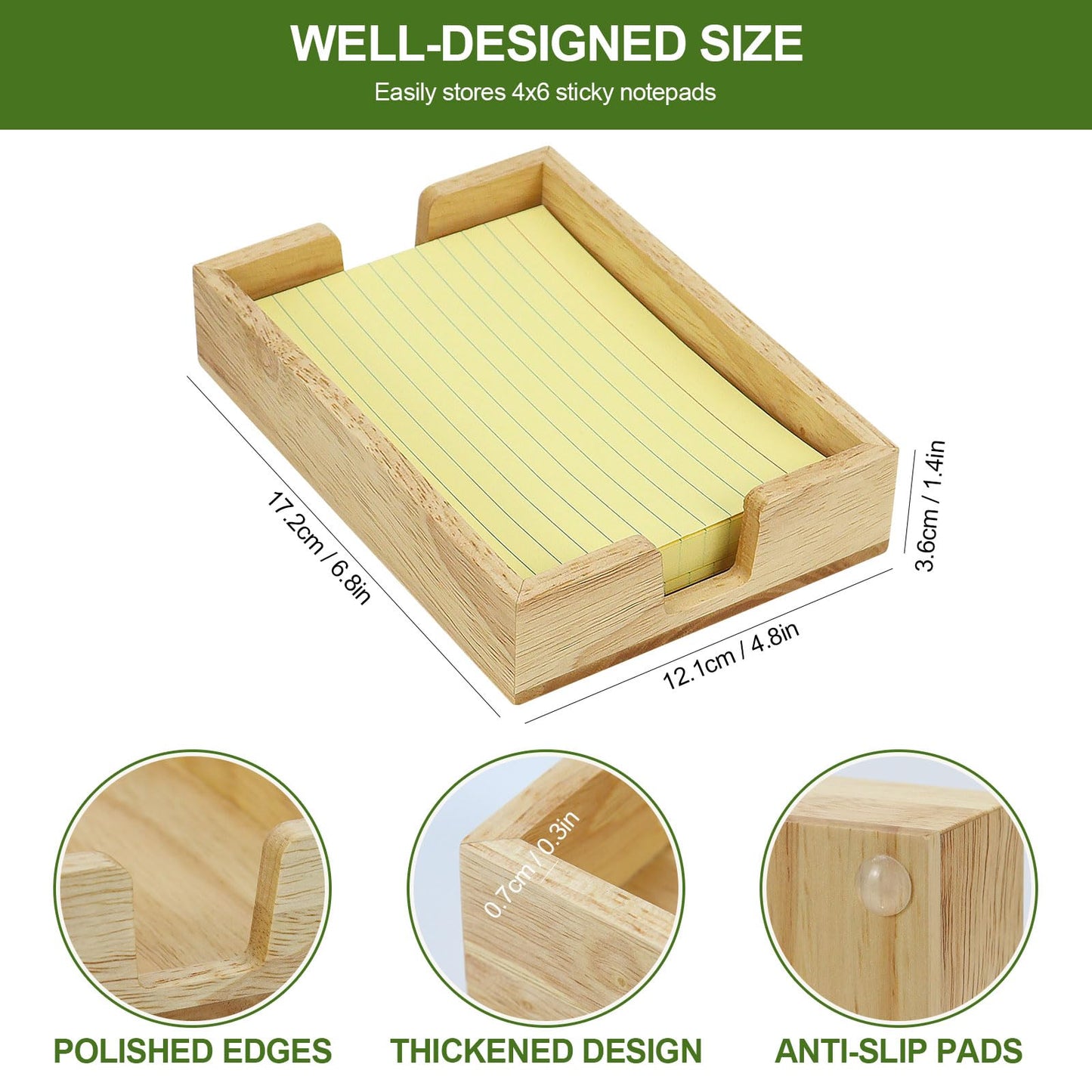 MultiBey Rubber Wood Sticky Note Holder, 4x6 Inch Self-Stick Note Pad Holder Dispenser, Sticky Note Dispenser Memo Holder Case for Office Desk Accessories School Supplies (Rubber)