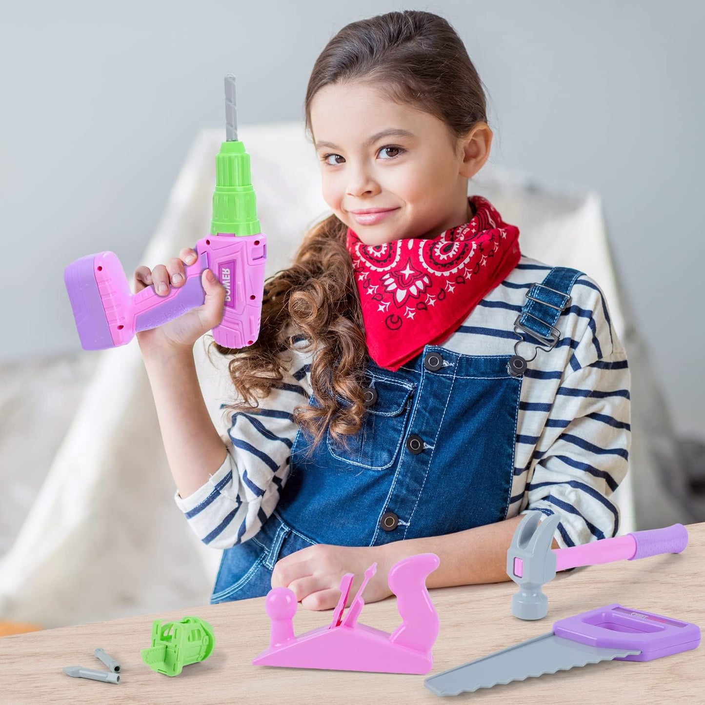 Kids Tool Set, Pink Toy Tool Set for Girls with Electric Drill, Hammer, Planer, Working Vest, with Storage Box, Construction Pretend STEM Toy Tool Kit for Toddlers Age 3 Years and Up