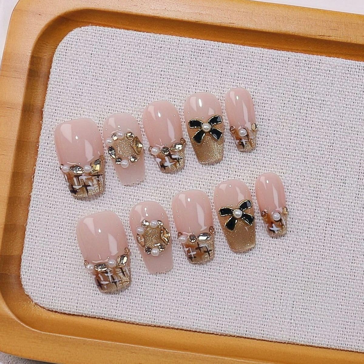 Threelegscat Short Handmade Press on Nails Coffin Stick on Nails with Rhinestone and Bow Designs Nude Press Ons Size L 10pcs