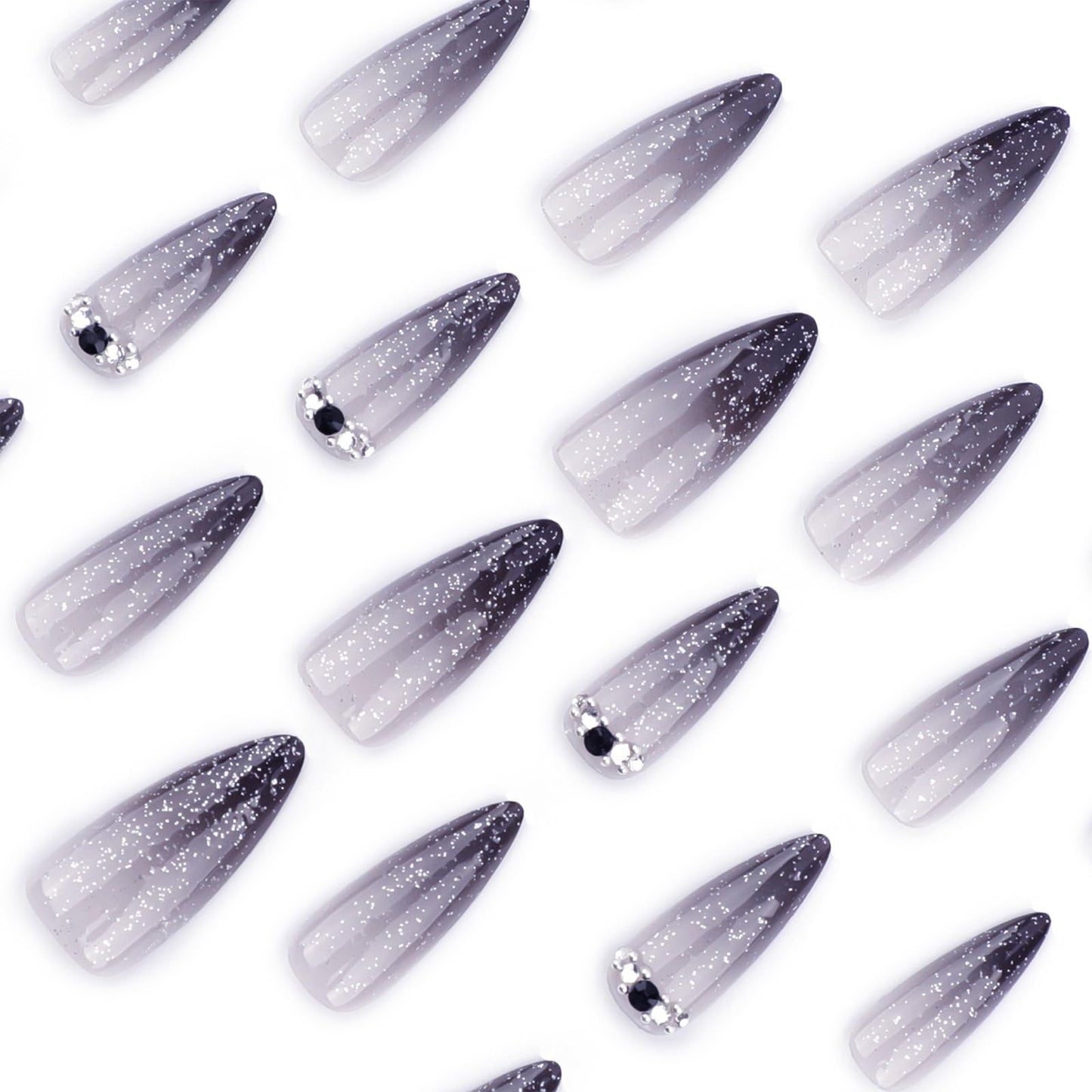 SINHOT Stiletto Press on Nails Long Fake Nails Glossy Glue on Nails Black Gradient Acrylic Nail Almond Artificial Nail Bling Glitter False Nail with Design 24 pcs