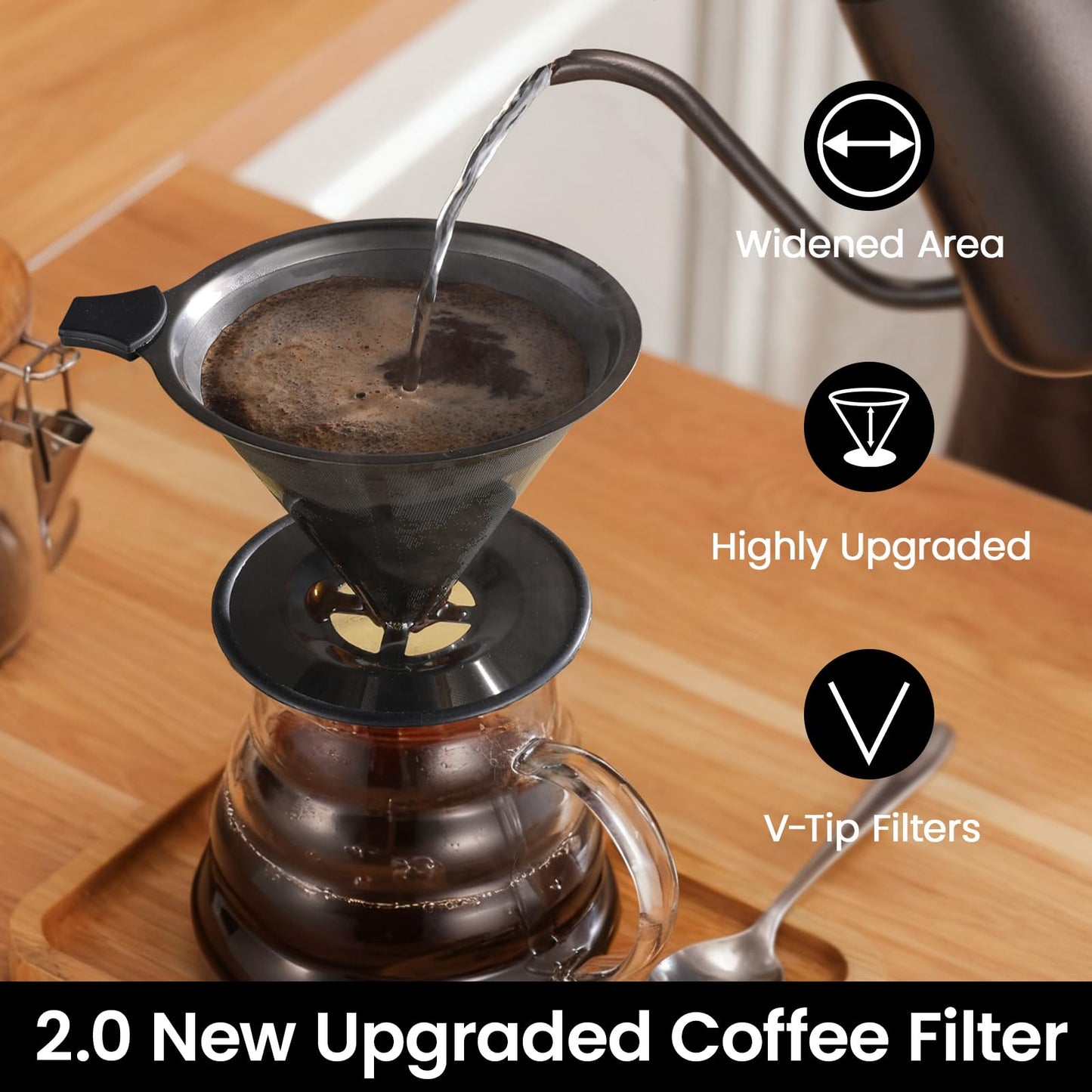 【2.0 Upgraded】 Stainless Steel Pour Over Coffee Maker, Reusable Paperless Drip Coffee Filter and Coffee Strainer for Single Cup Hand Brew, 1–6 Cup