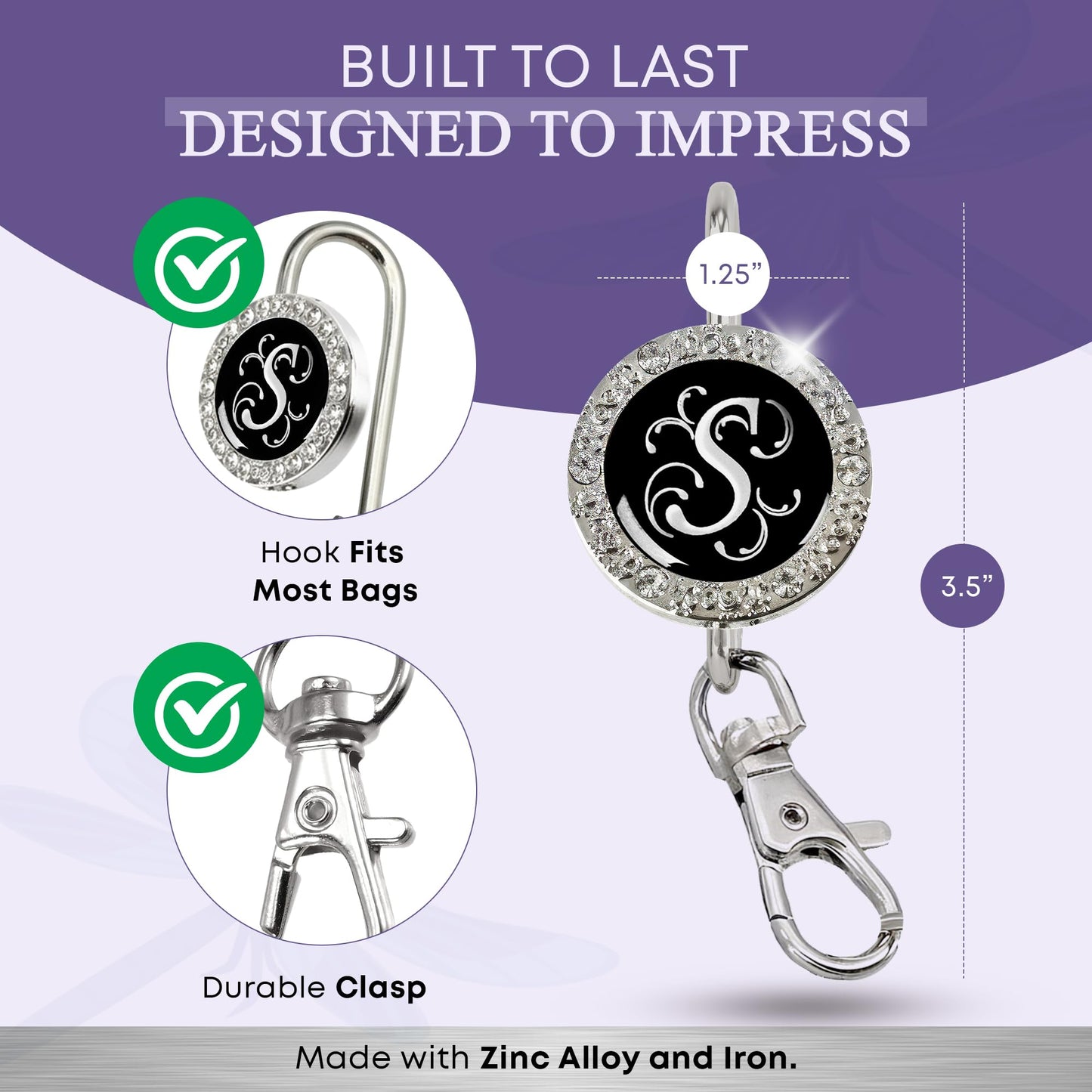 Women’s Bag Charm Key Finder, Car Keychain Hook, Cute Purse Organizer & Tote Bag Accessories, Gifts for Mom - Monogram S