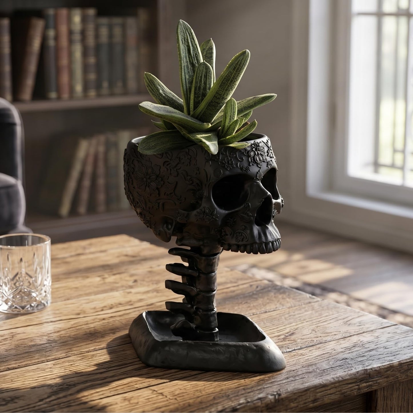 GUTE Skull Planter Pot, Makeup Brush & Pen Holder - Black Skeleton Backbone Plant, 6" Deep Polyresin Strong for Succulents Plants & Flowers - Spooky Skulls Home Decor Serving