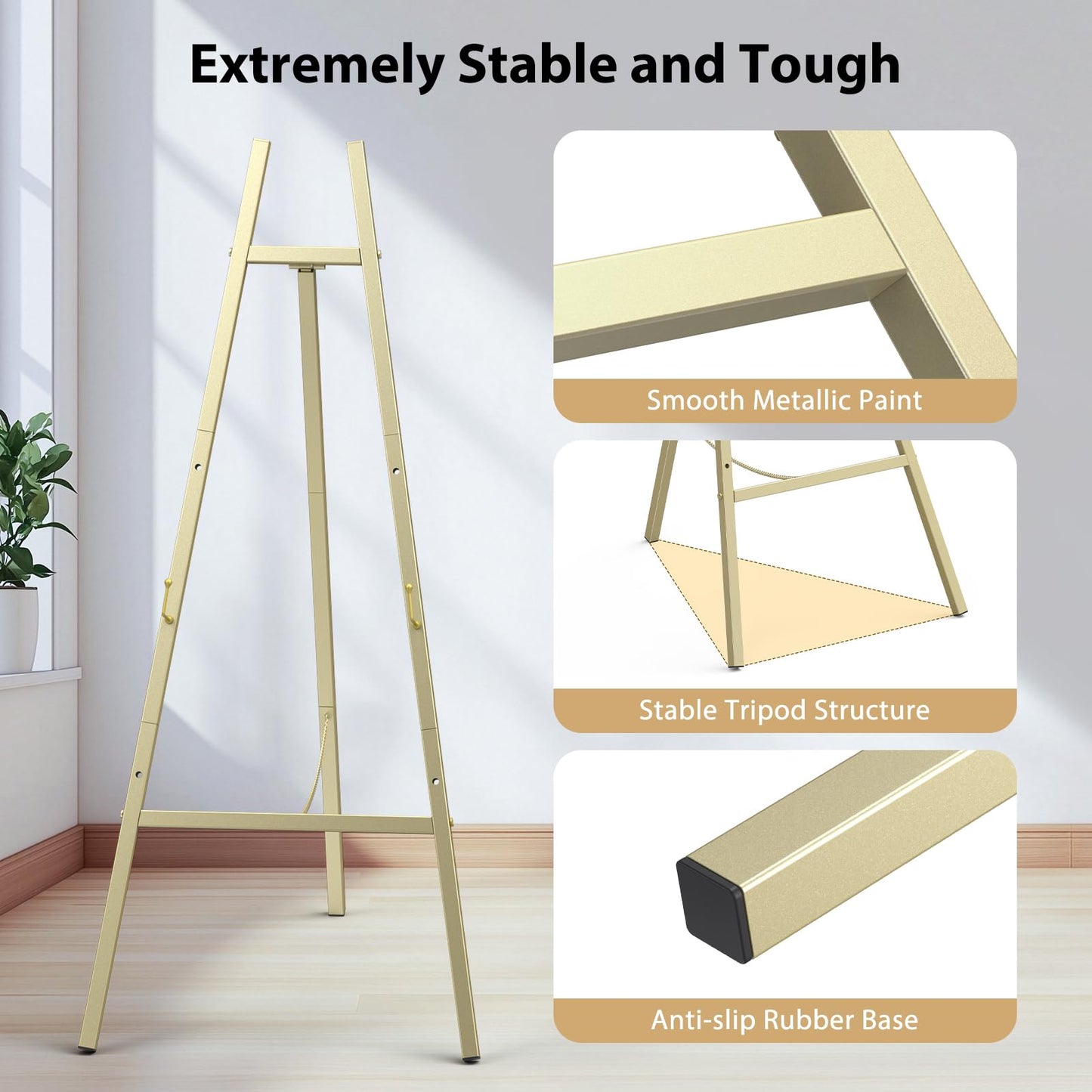 Gold Metal Easel Stand 46.7", Heavy Duty Floor Display Easel, Adjustable 4-Tier with Chain Support, Wedding Welcome Sign Holder, Poster Stand, Easy to Assemble, Assembly Required (1 Pack)