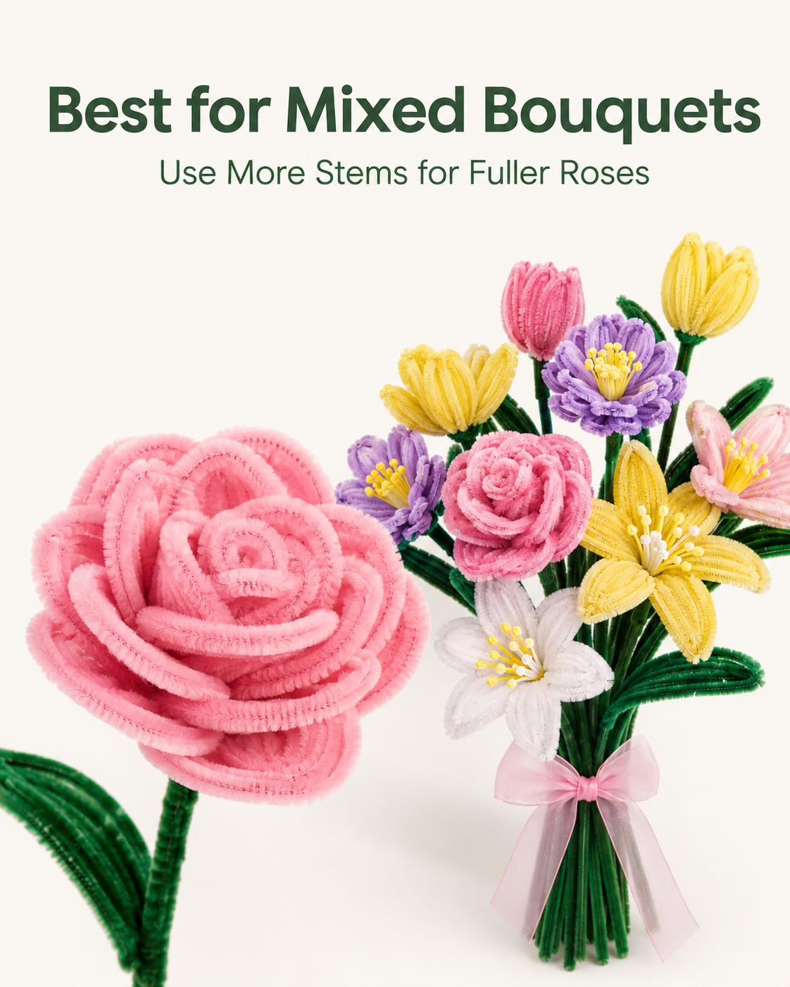 Anpyxun Pipe Cleaner Flower Kit for Adults, DIY Flower Bouquet Kit with Step-by-Step Video Tutorials, 600PCS Flower Craft Set for Beginners, Handmade Forever Flower Bouquet Making Supplies