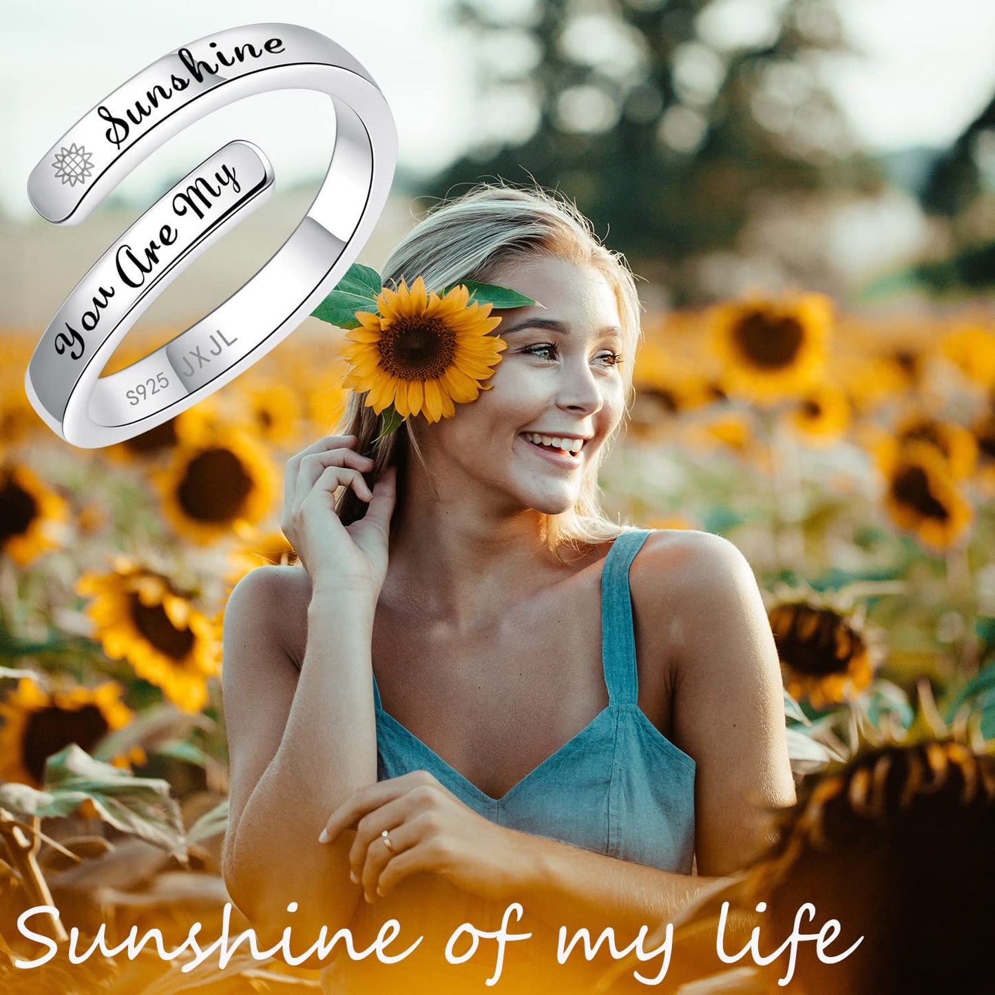 Silver Adjustable Ring Inspirational Jewelry S925 Sterling Wrap Open Ring for Women (U'r my sunshine)