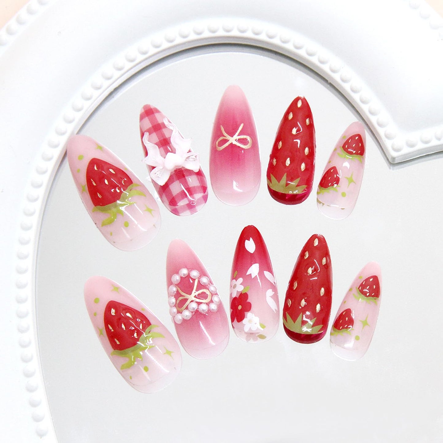 24Pcs Strawberry Flower Press on Nails Medium Almond Fake Nails Cute Floral Strawberry False Nails 3D Heart Pearls Bow Charms Designs Pink Gradient Glossy Stick on Nails Acrylic Nail for Women