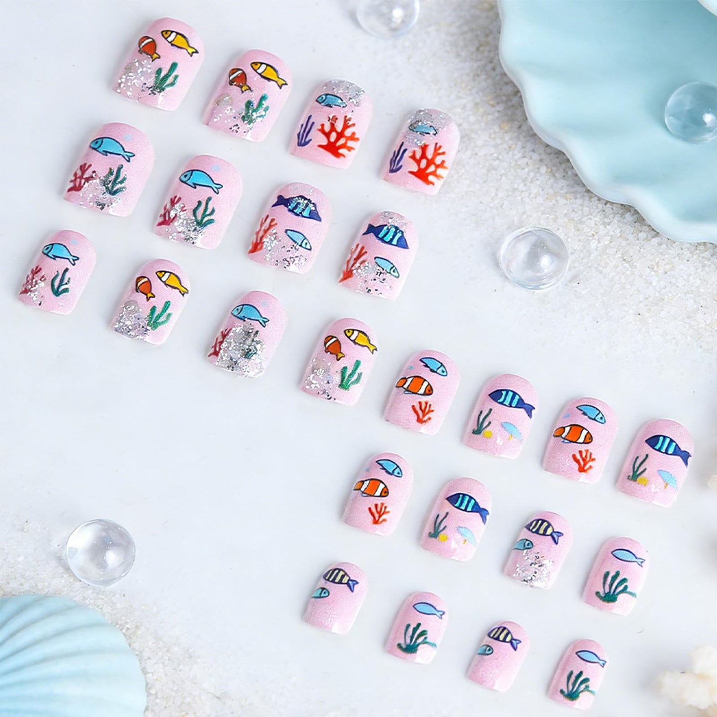 Spring Summer Press on Nails Short Square Fake Nails Pink False Nails with Sea Fish Coral Designs Glossy Glitter Stick on Nail Reusable Artificial Glue on Nails for Women Manicure 24Pcs