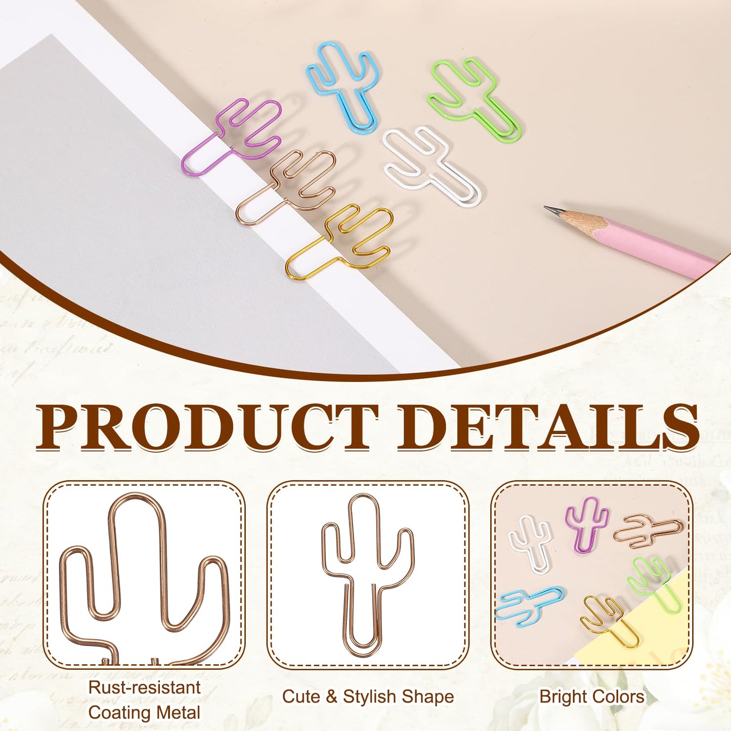 PATIKIL 60Pcs Paper Clip, Cactus Shape Metal Paper Clip Rust-Proof Small Cute Lovely Decorative Bookmarks for Notebook Document Office Home Supplies, Rose Gold