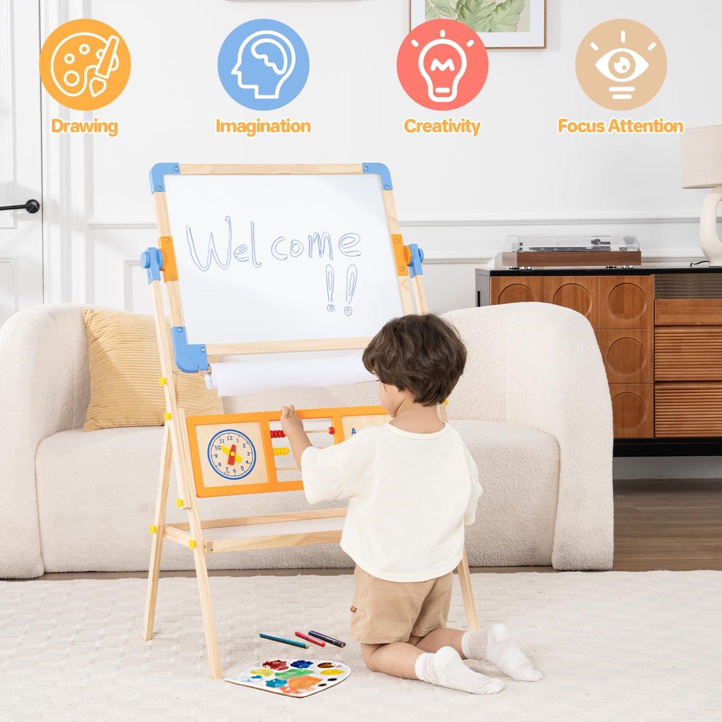 Asweets 3 in 1 Kids Art Easel, Magnetic Whiteboard/Chalkboard with Drawing Paper Roll, Abacus/Clock/Alphabet Chart - Educational Toy for Toddlers Preschoolers (3-8)