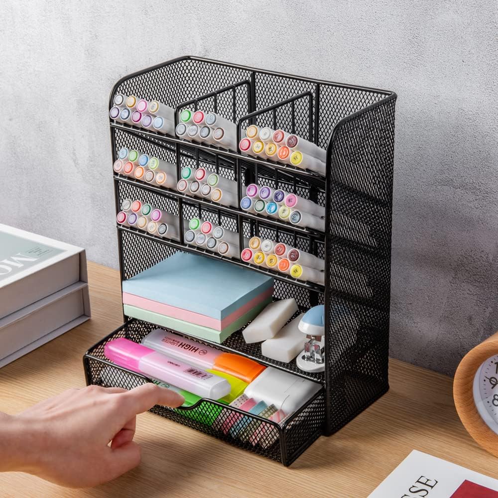Spacrea Metal Pen Organizer, Pencil Holder for Desk, Desk Organizer with Drawer for School, Home, Art Supplies (Black)
