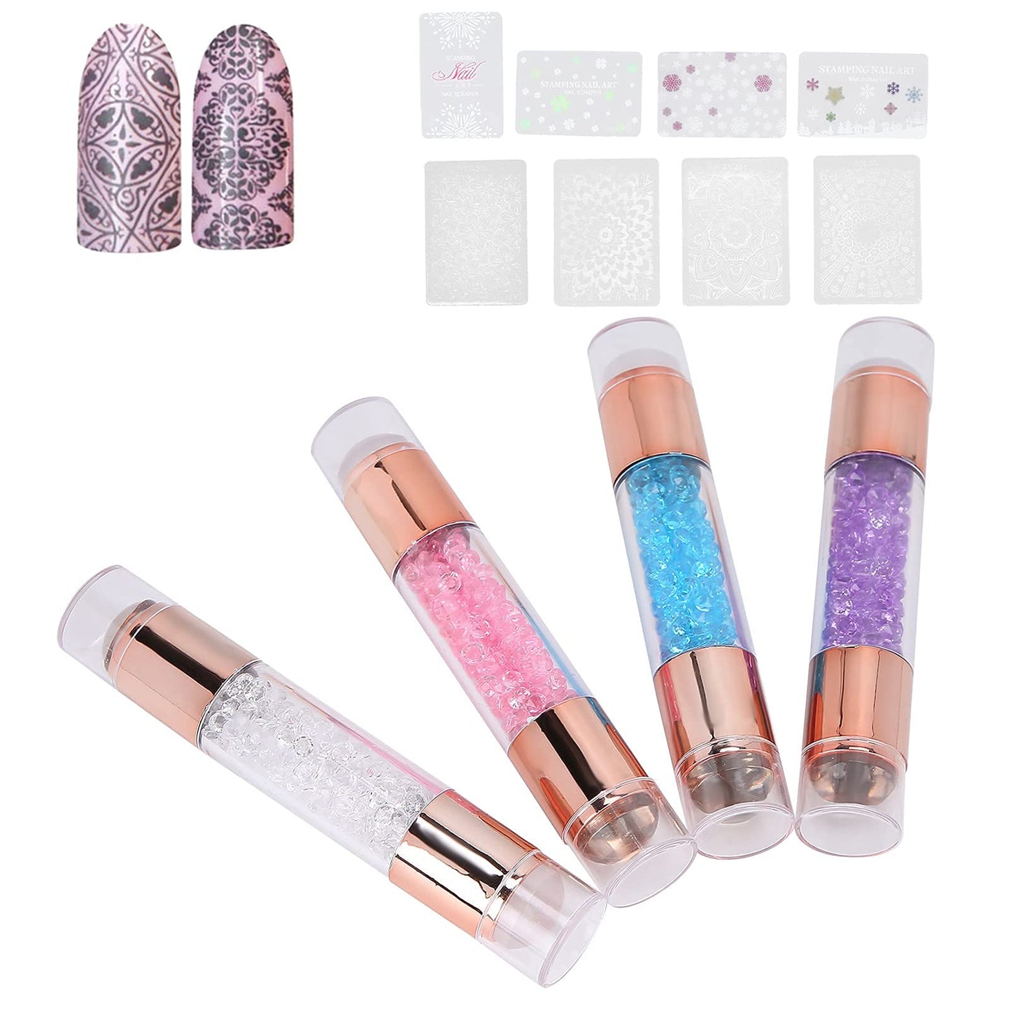 4Sets Dual Ended Nail Stamper Kit, Manicure Art Stampers Silicone Stamp Pens Double Ended W/Nail Seal Plate for Home Nail Salon Manicure Tools DIY Nail Art Designs