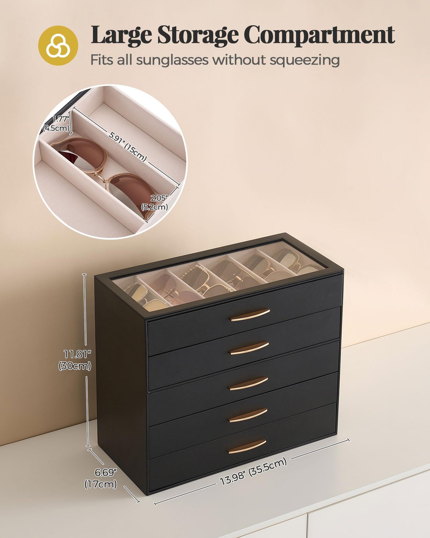 Lolalet 30 Slots Sunglasses Organizer Case for Women, 5-Layer Eyeglass Storage Holder Display Box with Clear Top Lid -Black