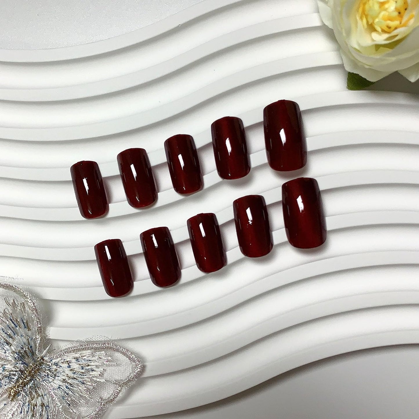 Burgundy Press on Nails Medium Short Fake Nails Solid Color Glue on Nails Red Full Cover Artificial Nails Glossy False Simple Stick on Nails for Women 24 Pcs