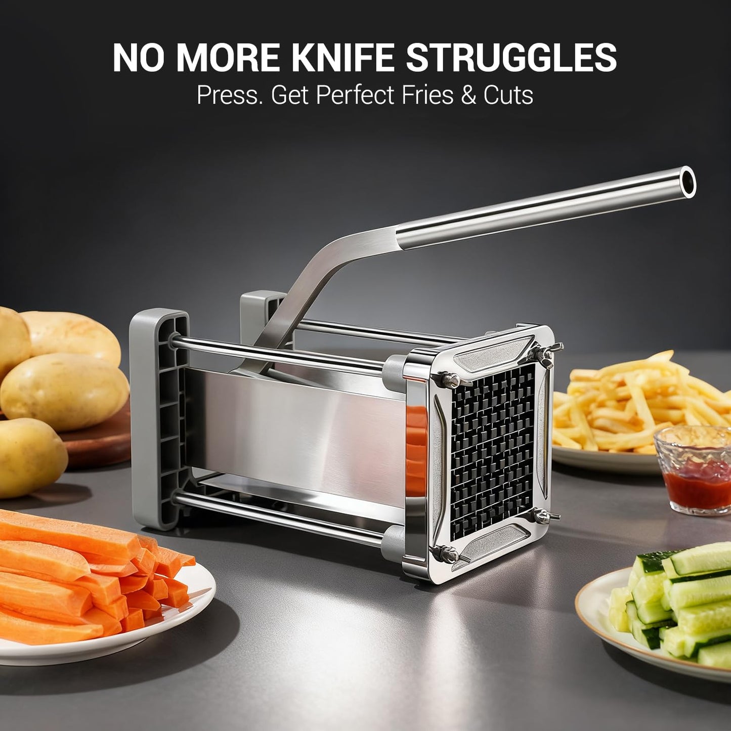 French Fry Cutter, Sopito Professional Stainless Steel Potato Cutter with 1/2", 1/4", 3/8" & Wedge Blades for Potatoes, Carrots, Apples