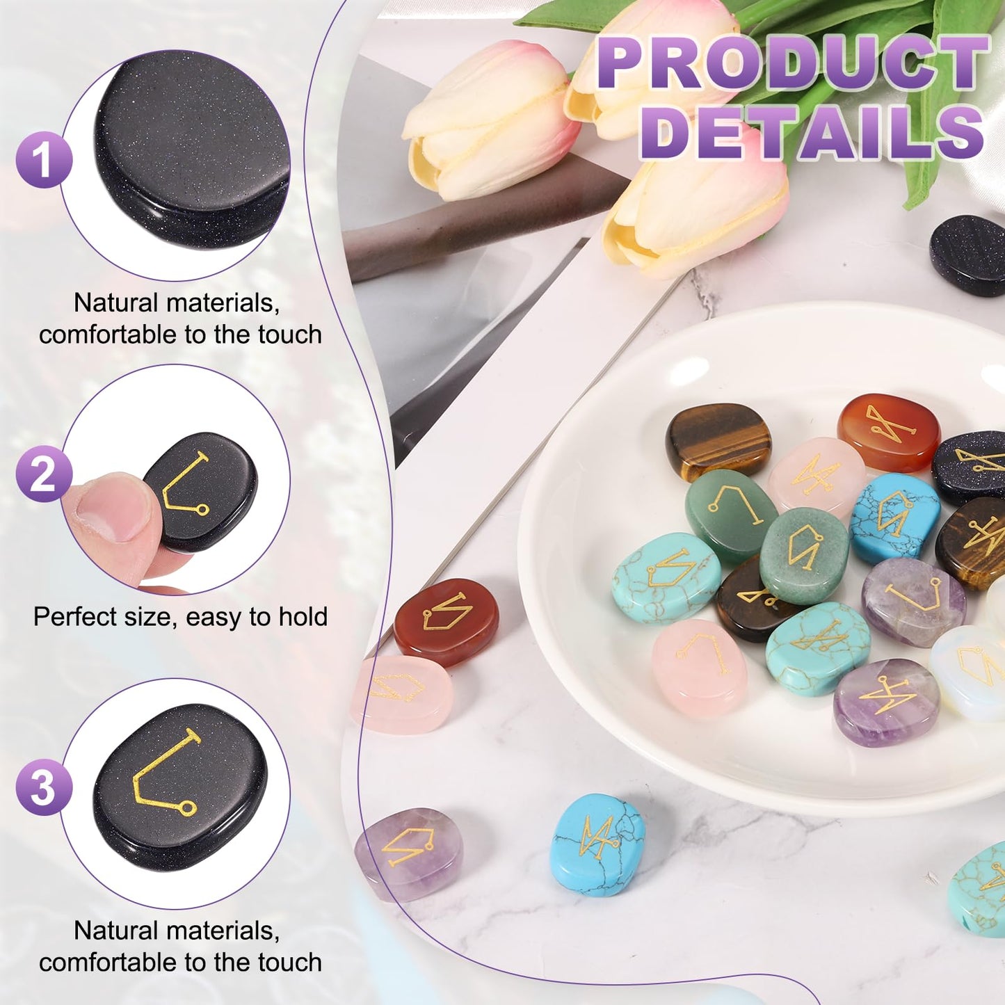 MECCANIXITY 4Pcs Engraved Chakra Stones with Reiki Symbols, Sea Sediment Jasper Reiki Healing Crystal Gemstone 7 Chakra Crystal Stones Tumbled Palm Stone for Anxiety Relieve