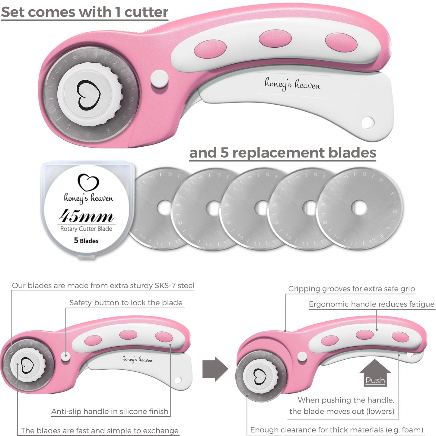 Rotary Cutter Set - Quilting Kit incl. 45mm Fabric Cutter, 5 Replacement Blades, A4 Cutting Mat, Acrylic Ruler and Craft Clips - Ideal for Crafting, Sewing, Patchworking, Crochet & Knitting (Pink, A4)