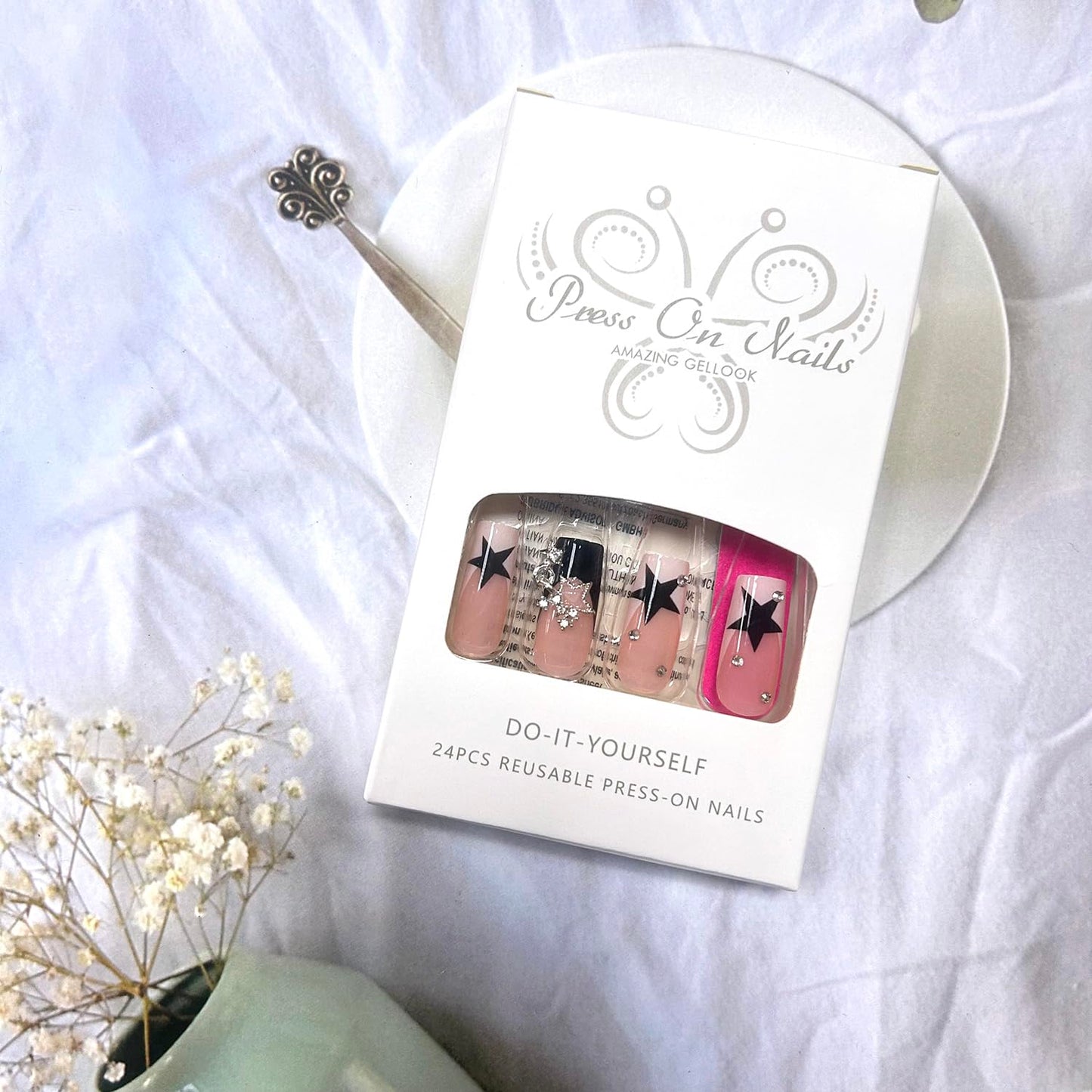 French Press Nails - Pink Stars Rhinestones Design, Medium Size, Full Cover Artificial Nails, 24 Pcs