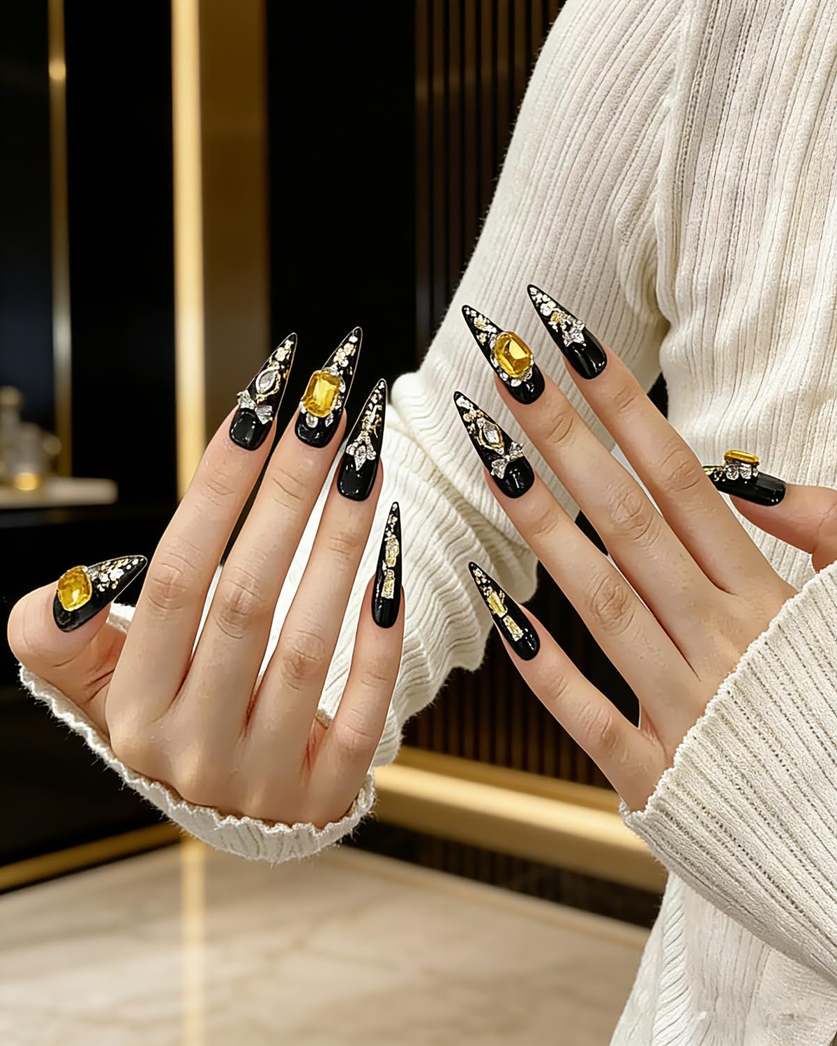 CAMILCY Luxury Handmade Press on Nails Black Gold Stiletto Glossy Reusable Long Fake Nails with Gold Foil Salon Quality Elegant Acrylic Artificial Nails for Women 10pcs(A020, S)