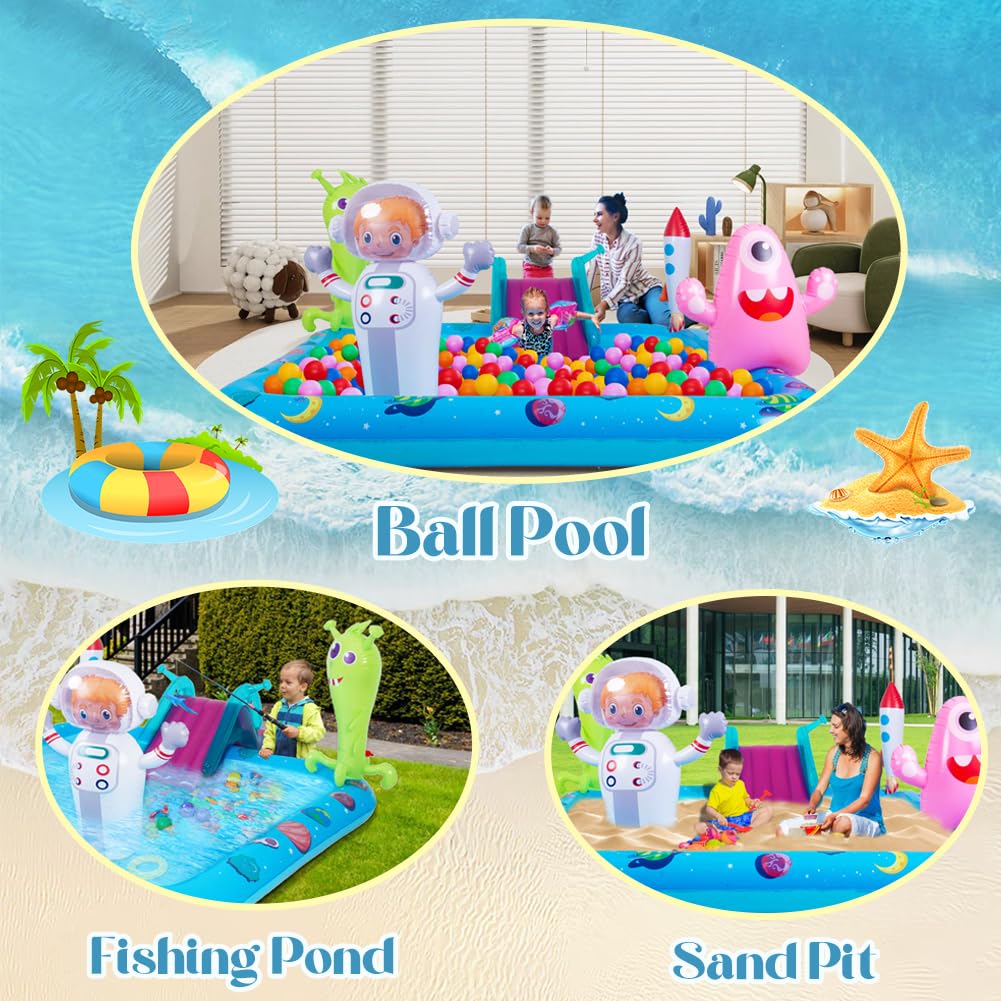Inflatable Play Center Pool with Slide, Space Astronaut Square Kiddie Pool, 94.5" Square Outdoor Water Play Center with Sprinkler & Ring Toss for Summer Outdoor, Garden/Backyard Fun