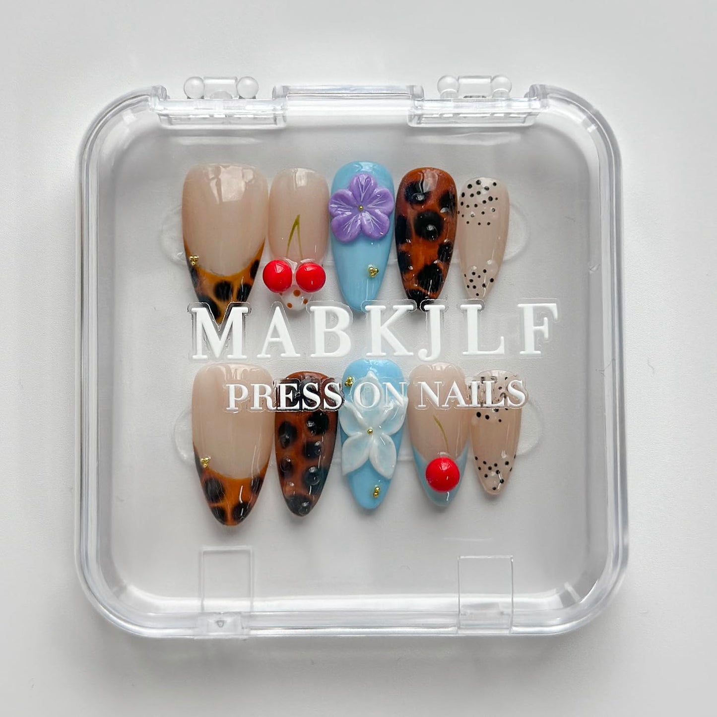 Luxury Press on Nails Short Almond Handmade 3D Unique Reusable ABS Material Fake Nails French Tip False Nails with Designs Flower Cherry Leopard Print Glossy Glue on Nail Thick Acrylic Nail(M)
