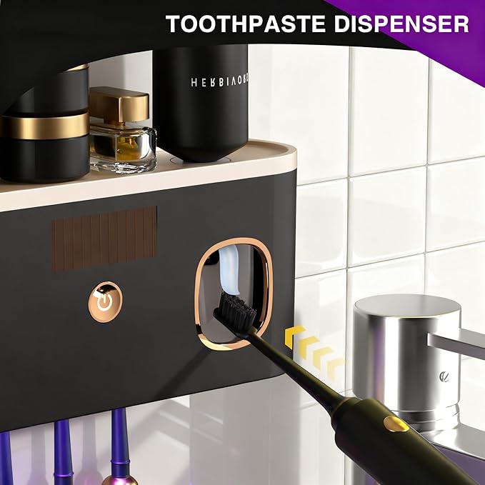 Toothbrush Holders for Bathrooms, Toothbrush Holder Wall Mounted with Toothpaste Dispenser Bathroom Solar Charging and No Drilling Required Tooth Brush Holder with 5 Brush Slots
