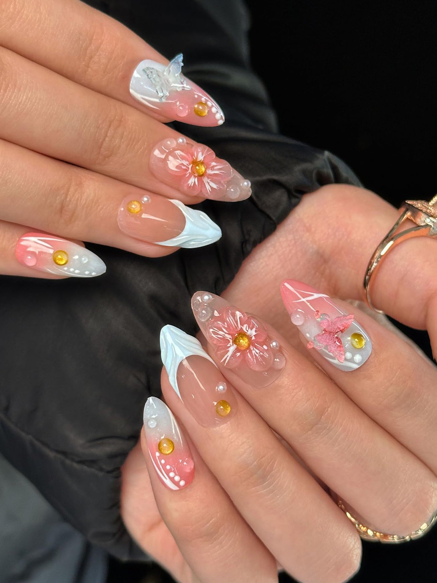French Press on Nails Handmade Almond Nails Nude Medium Fake Nails with 5D Flower Art & Pear Design Handmade Nail Acrylic Nature False Nails for Wome (Size M)
