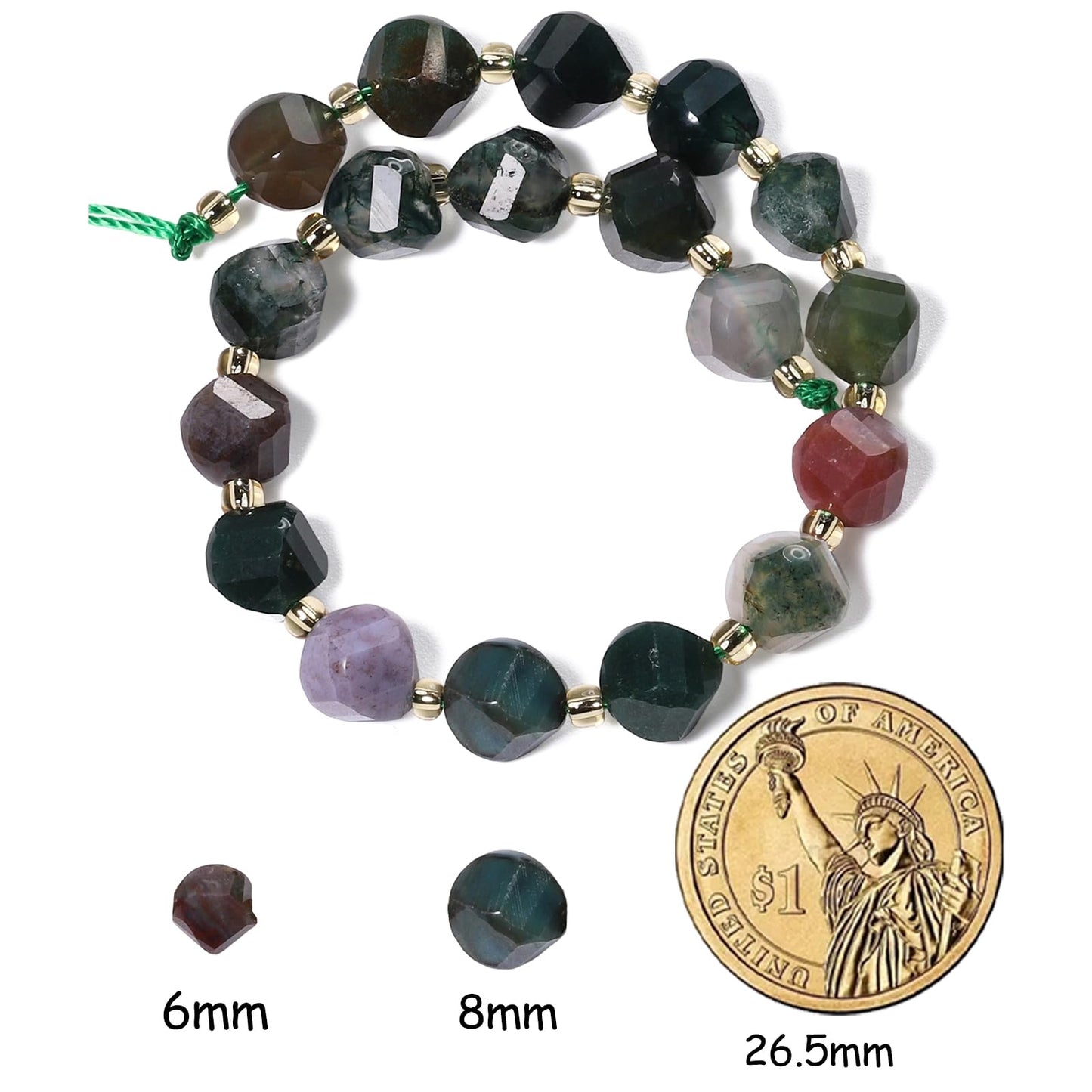 Yochus 42pcs Natural Indian Agate Stone Beads for Bracelet，2strands 6mm Facted Twist Loose Gemstone Beads for Jewelry Making DIY Craft Necklace Earring