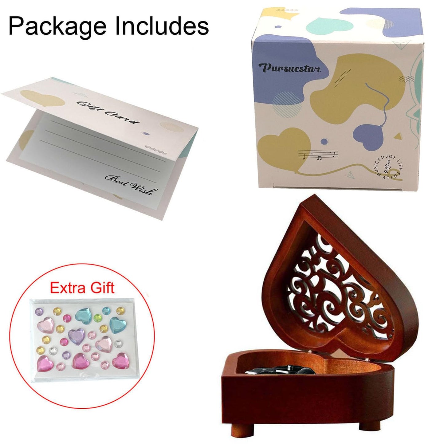 Pursuestar What a Wonderful World Wind Up Music Box, Heart Shaped Vintage Wood Carved Mechanism Musical Gift for Lover Girlfriend Wife Husband Valentine's Day Mother's Day Christmas Anniversary