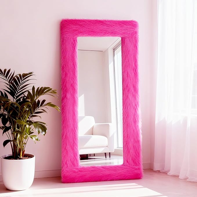 Fluffy Full Length Mirror Cover Universal Ultra Soft Non-Slip Border with Adhesive Tape Pink Fuzzy Frame Decor for Standing Mirror Bedroom Cloakroom Home Decor Women Gifts (vibrant pink, 59x16 inches)