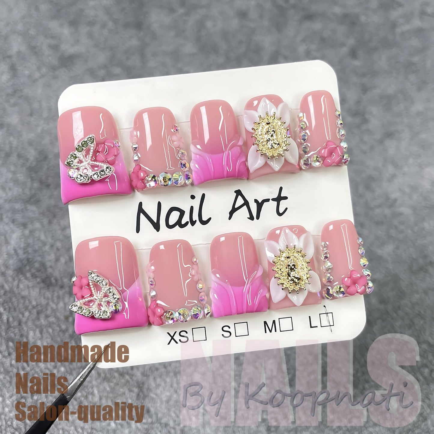 Handmade Press on Nails Short Duck Pink French Tip with 3D Design Fake Nail Art for Women S