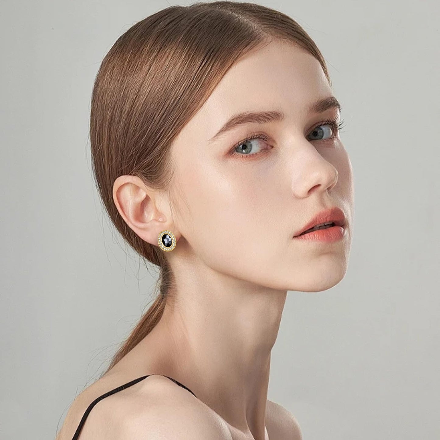 EVEVIC Austrian Crystal Halo Oval Stud Earrings for Women Trendy,14k Gold Plated Hypoallergenic Earring Jewelry Gift (Grey-Black)