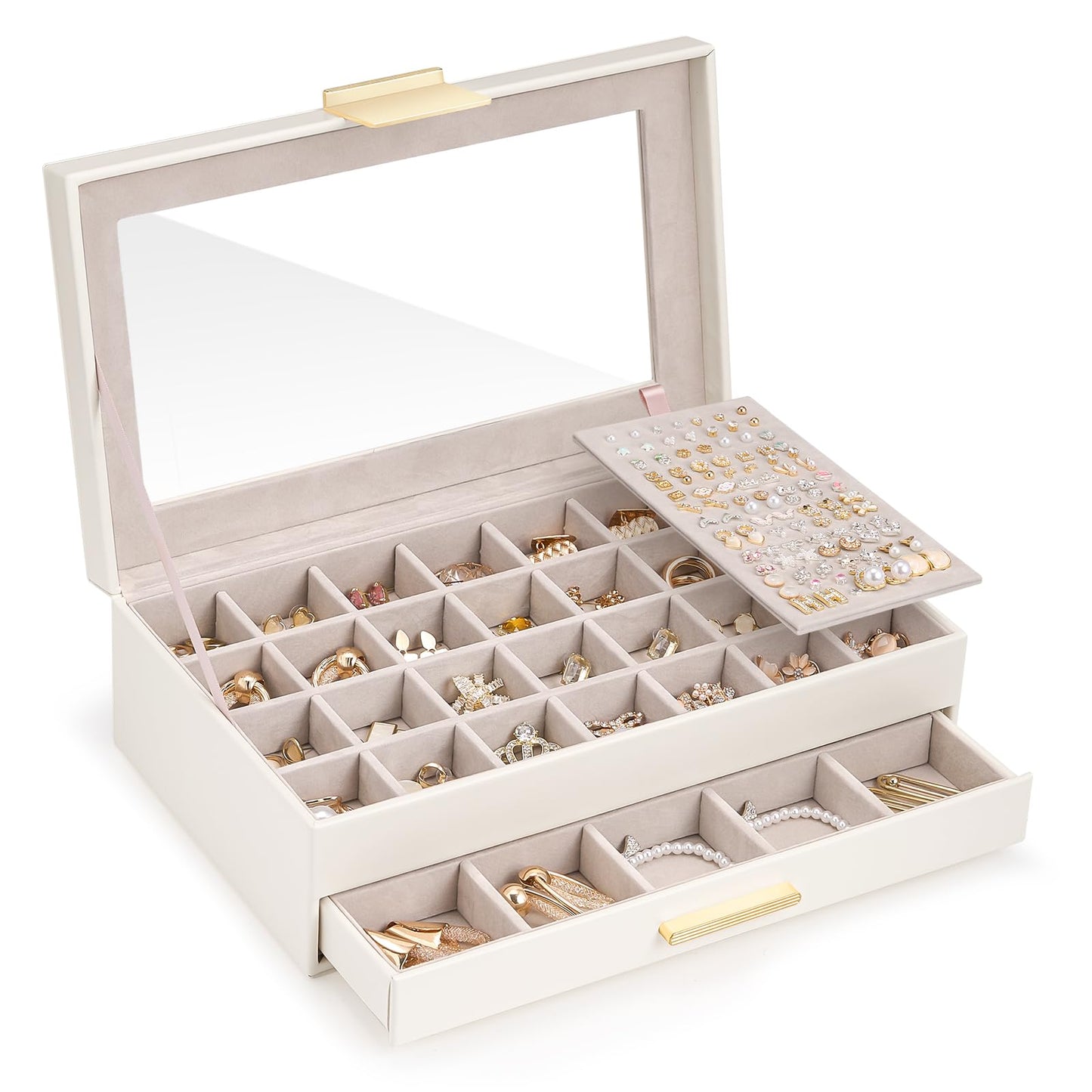 Lolalet Earring Storage Box Case with Glass Top, Large Earring Jewelry Holder Organizer Display with Drawer and Grid, Mothers Day Gifts -2 Tiers, Cloud White
