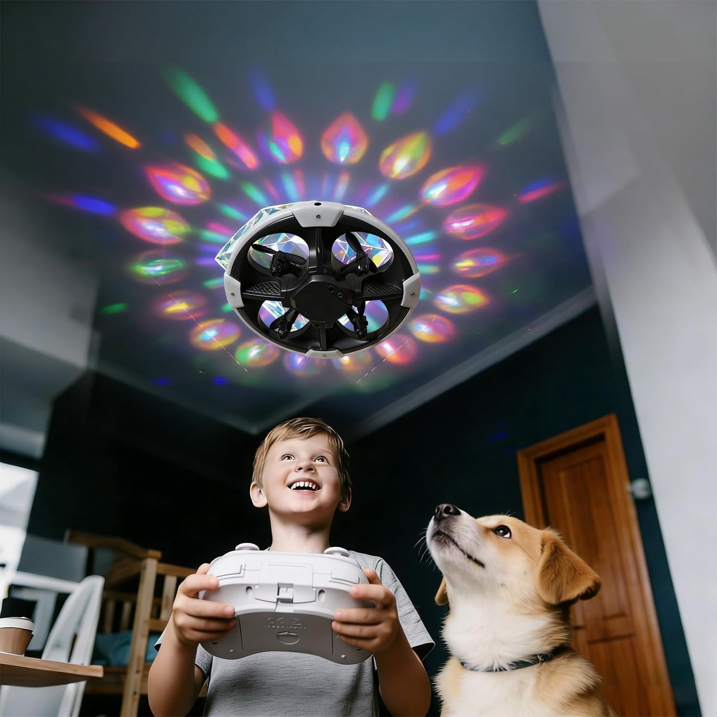 Mini UFO Drone for Kids – Safe RC Toy with 7 LED lighting modes, 360° Flips, Light Projection onto Ceilings, Auto Hover, Hand Gesture, 2 Batteries(14 Min Flight), Ideal Fun Gift for Kids