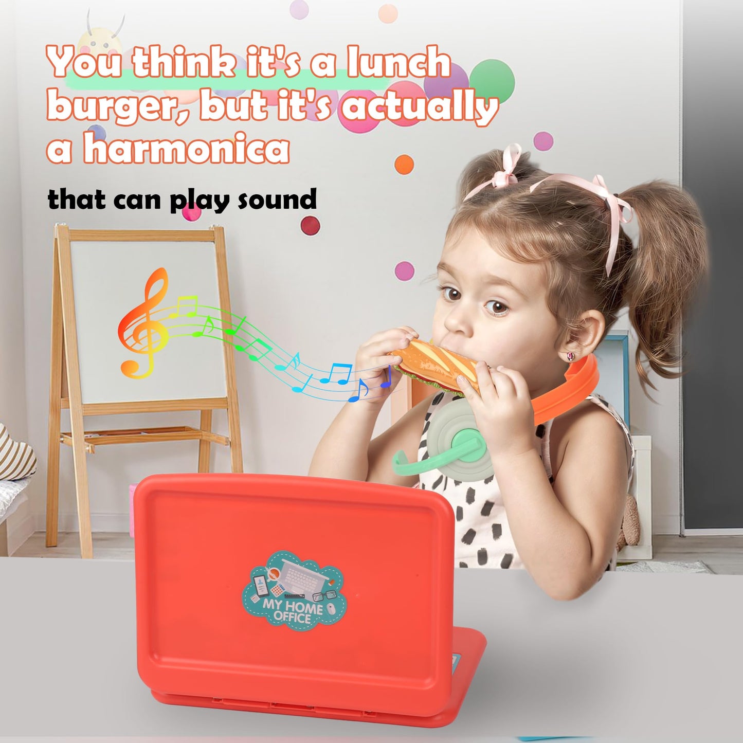 Pretend Play Home Office Set for Kids Ages 3-7, Includes Toy Kids Laptop,Cell Phone,Hamburg Harmonica,Headset & Toddlers Beverage Cup-Pretend Work Simulation Play