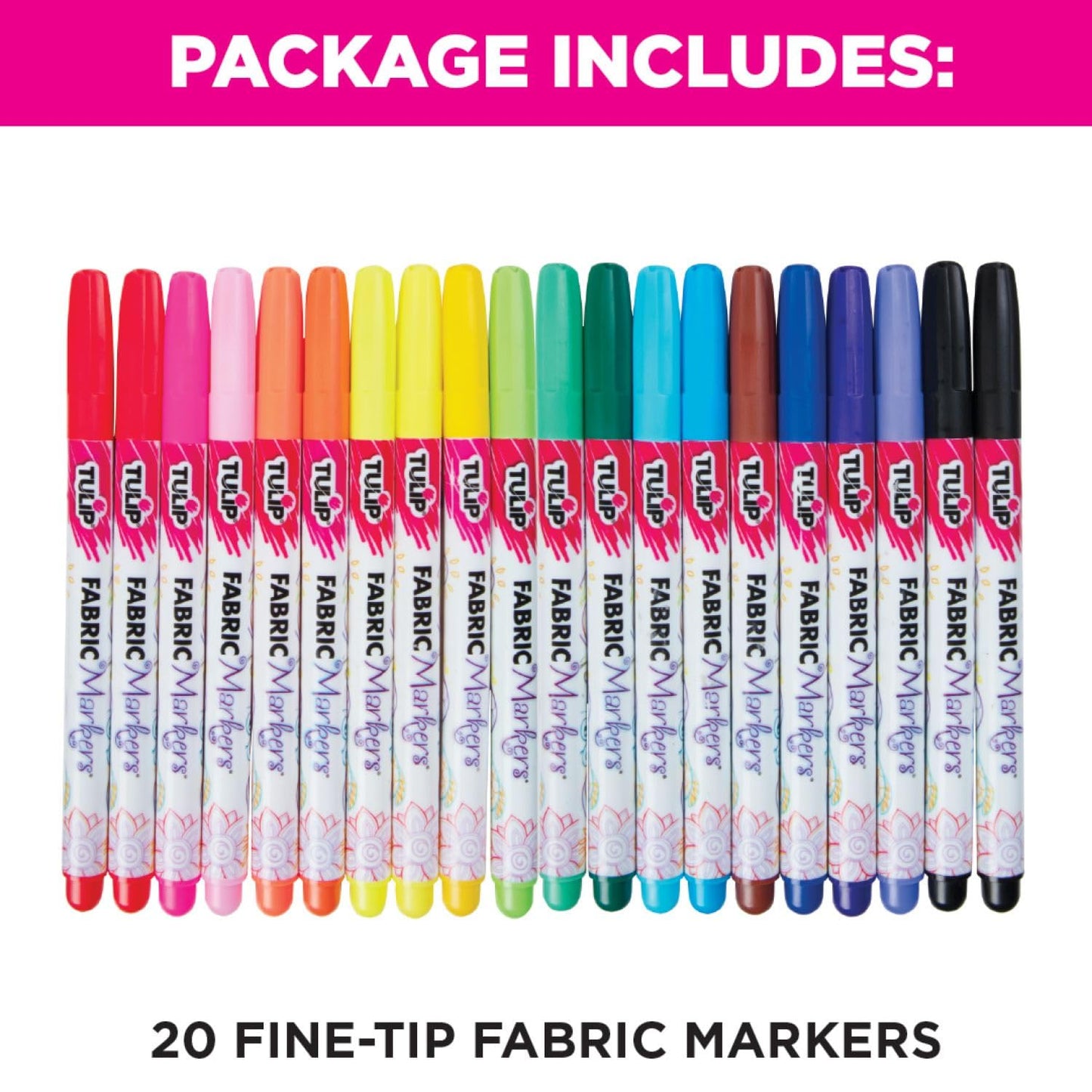 Tulip Permanent Fabric Markers Rainbow 20 Pack - Fine Tip, Minimal Bleed & Fast Drying - Premium Quality for T-shirts, Clothes, Shoes, Bags & Other Fabric Materials