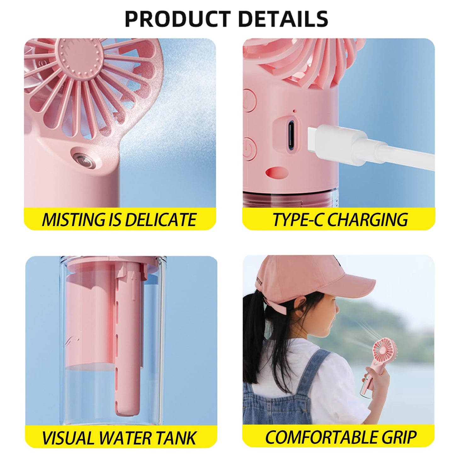 AIRPROSSING 3 Pack Misting Fan Portable - Handheld Mini Rechargeable with 4 Speeds & Water Mist - Ideal for Travel, Camping, Outdoor, Home, Office, Makeup,Commute